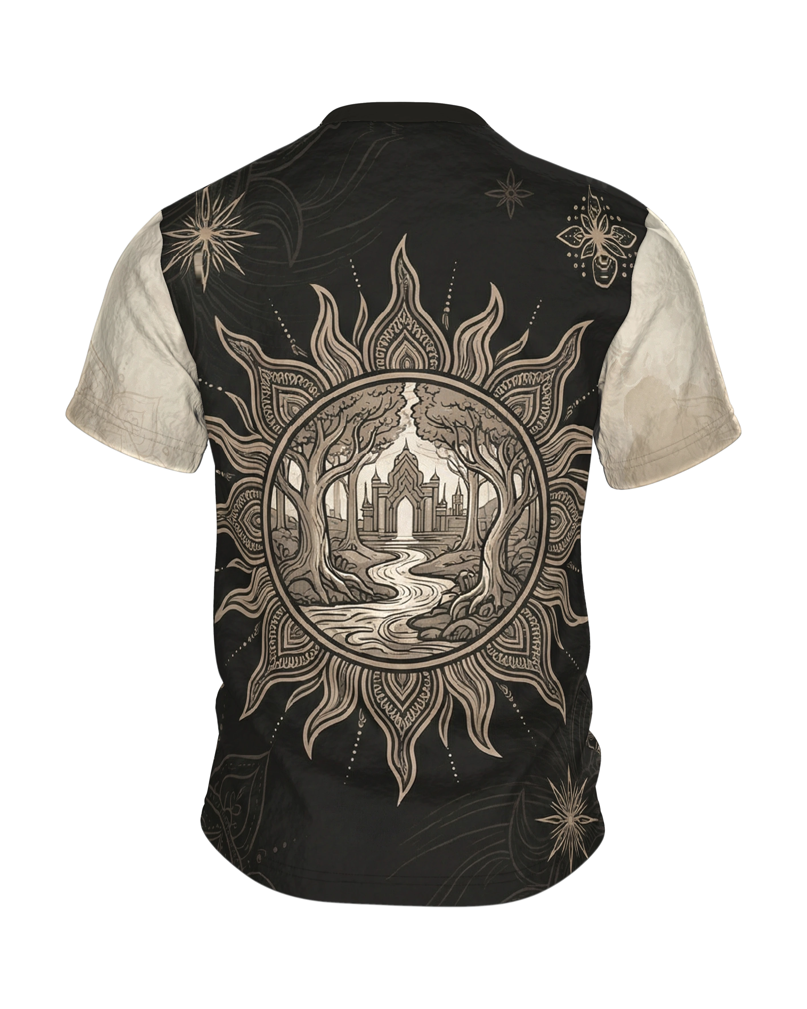 Mond Lotus T-Shirt, goldene Sichel mit Lotusblüten auf Schwarz, Sonnentor am Rücken, Rückseite