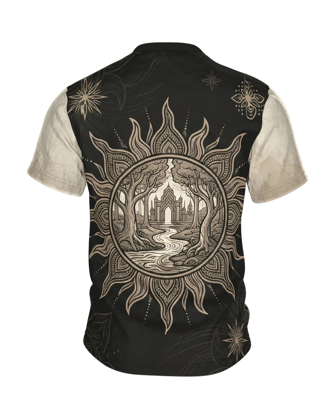 Mond Lotus T-Shirt, goldene Sichel mit Lotusblüten auf Schwarz, Sonnentor am Rücken, Rückseite