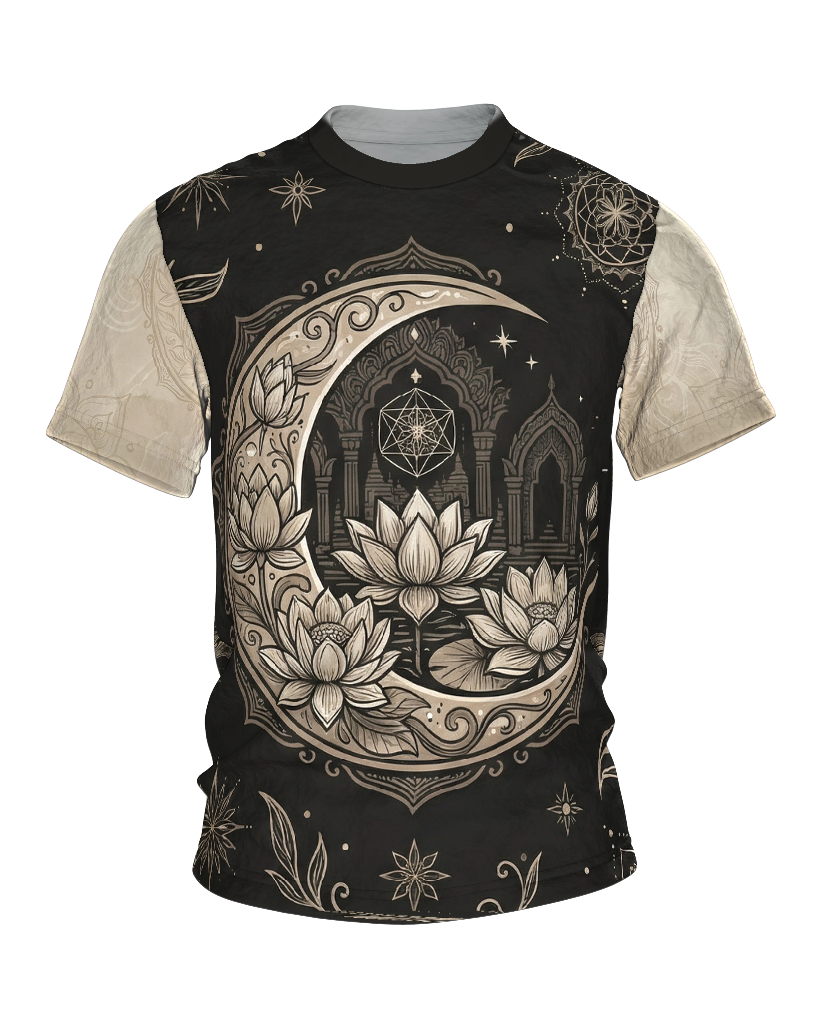 Mond Lotus T-Shirt, goldene Sichel mit Lotusblüten auf Schwarz, Sonnentor am Rücken