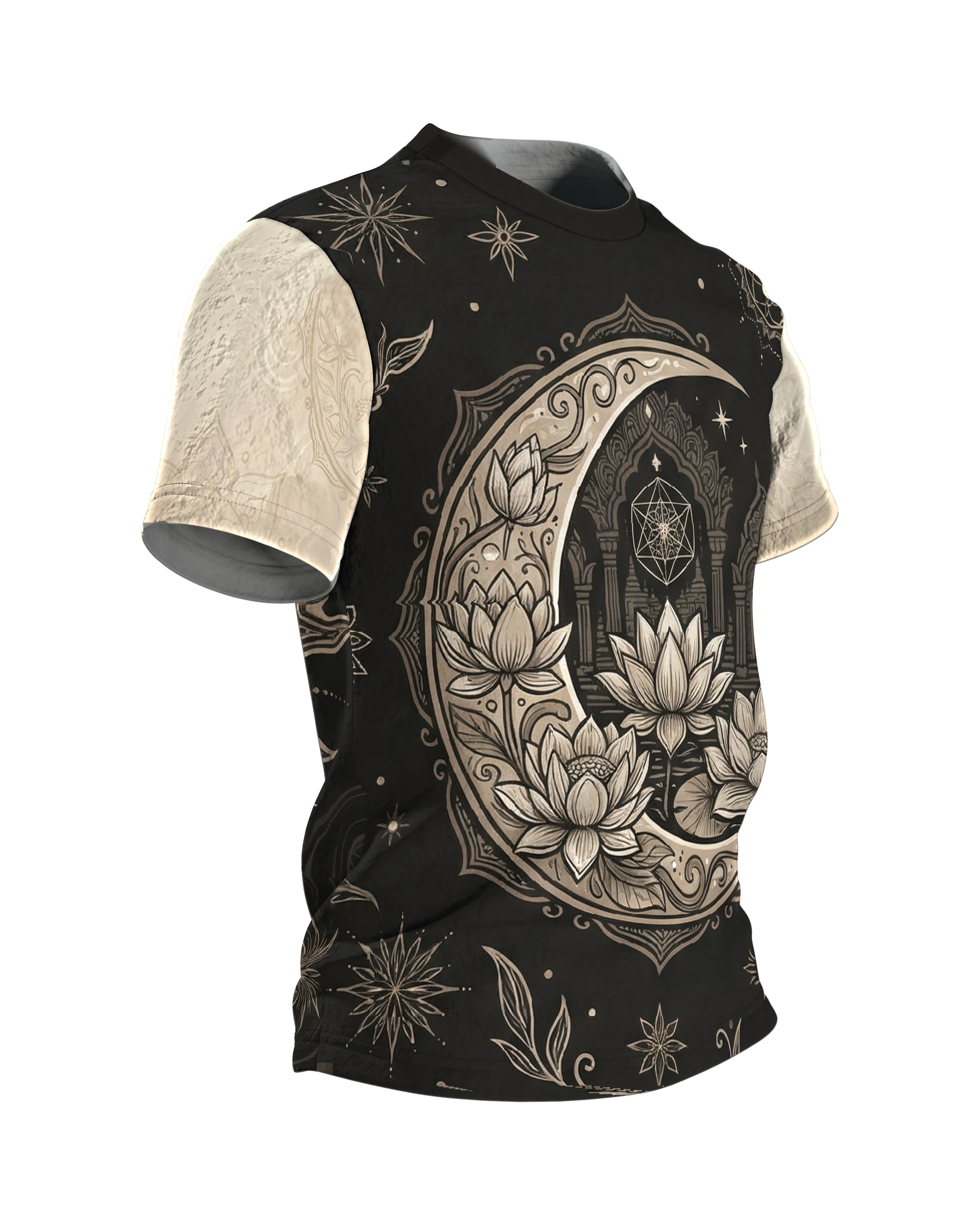 Mond Lotus T-Shirt, goldene Sichel mit Lotusblüten auf Schwarz, Sonnentor am Rücken, Seitenansicht links