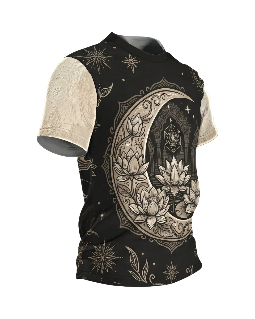 Mond Lotus T-Shirt, goldene Sichel mit Lotusblüten auf Schwarz, Sonnentor am Rücken, Seitenansicht links
