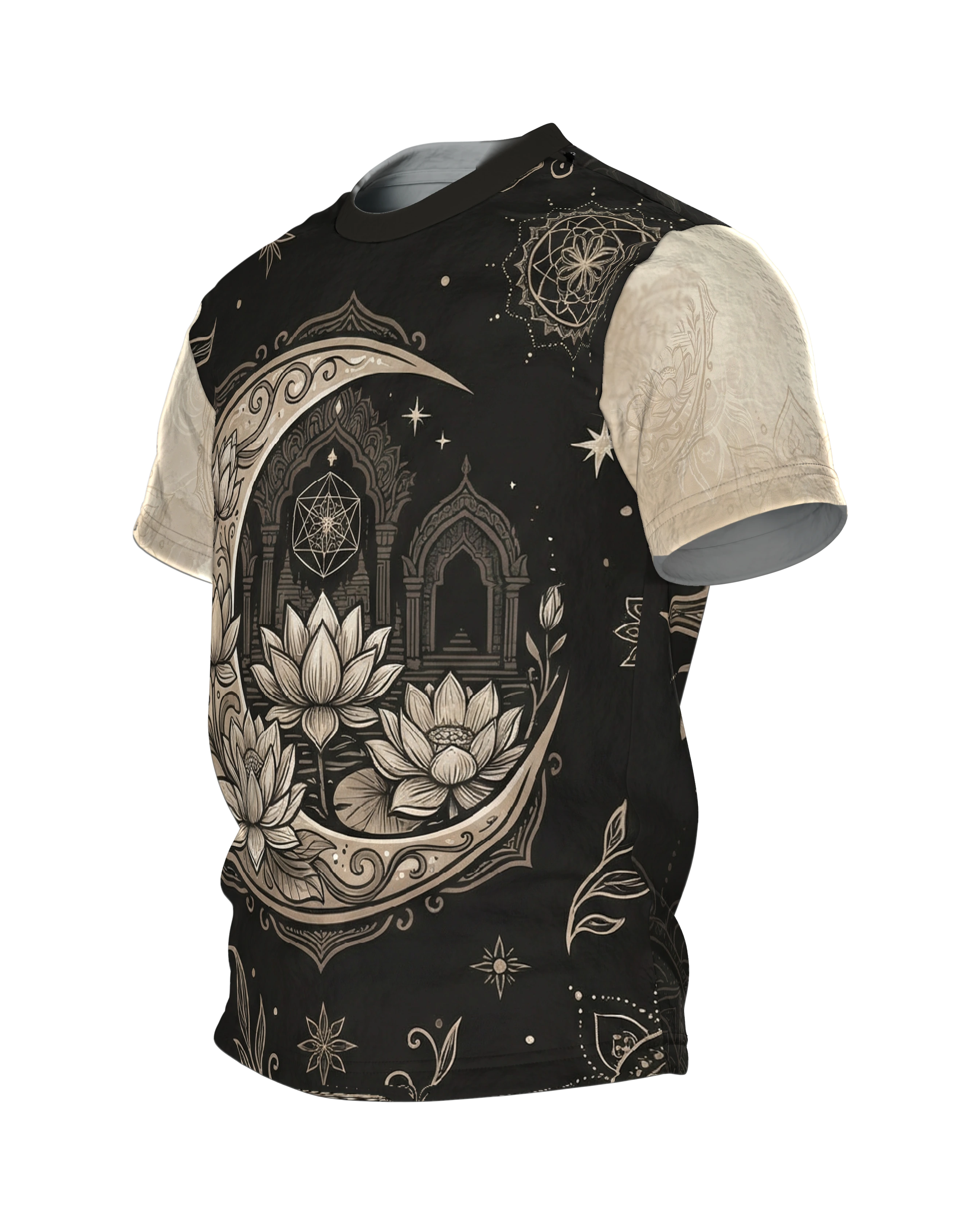 Mond Lotus T-Shirt, goldene Sichel mit Lotusblüten auf Schwarz, Sonnentor am Rücken, Seitenansicht rechts