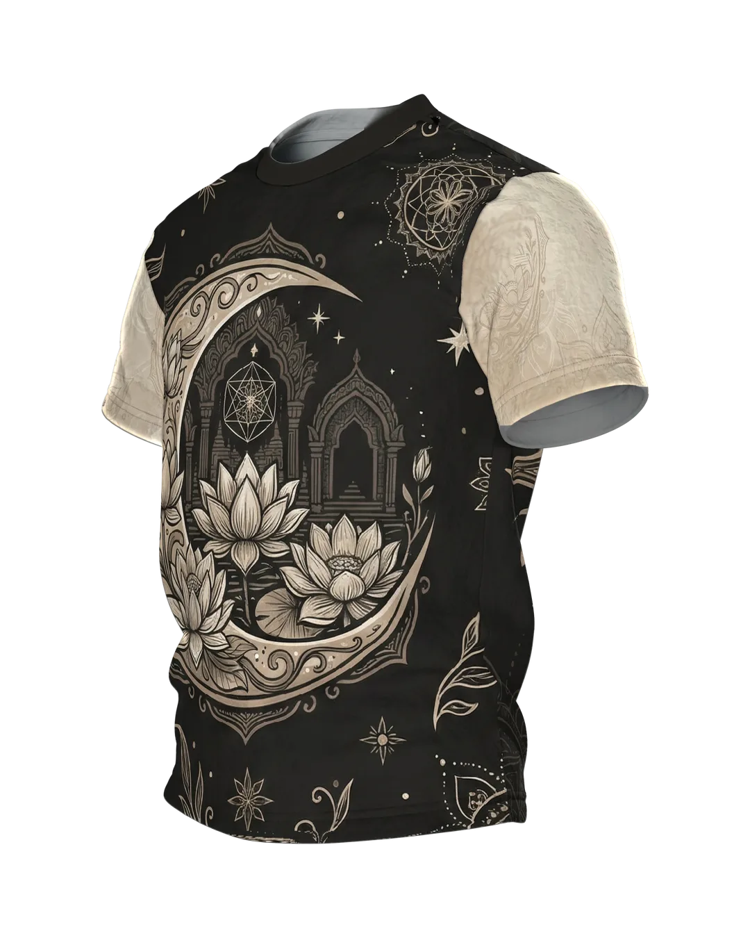 Mond Lotus T-Shirt, goldene Sichel mit Lotusblüten auf Schwarz, Sonnentor am Rücken, Seitenansicht rechts