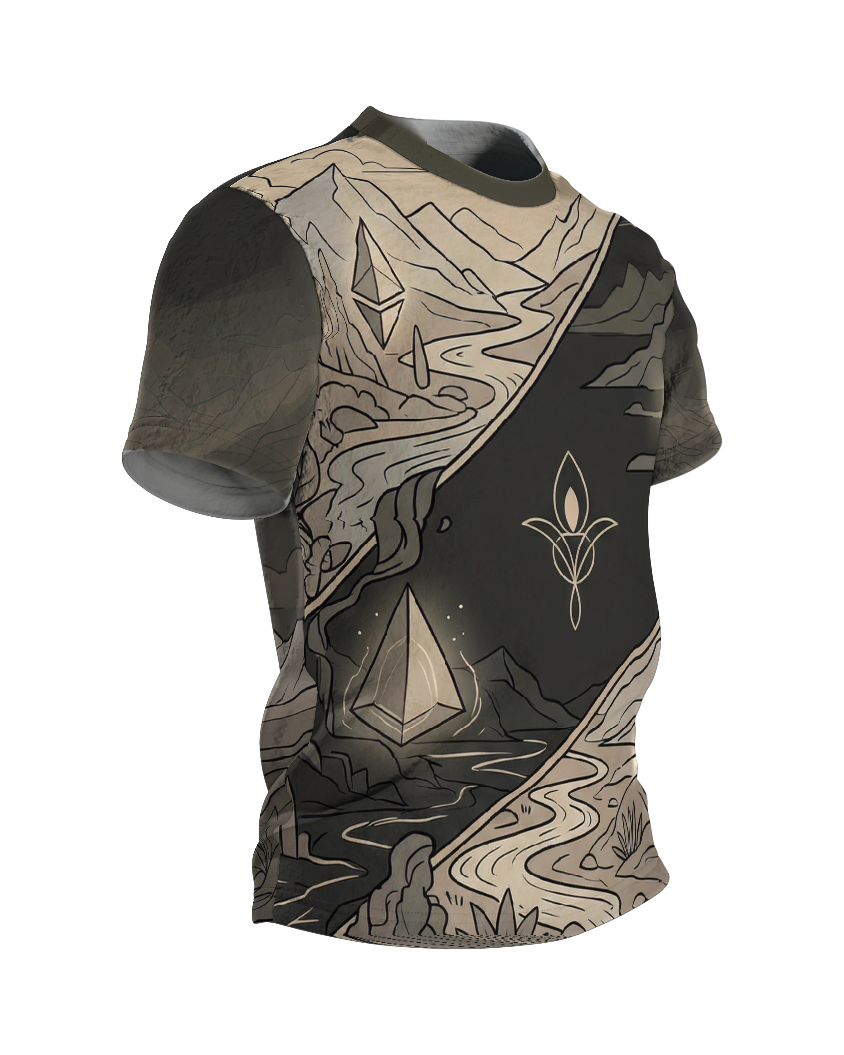 Mystische Kristalle T-Shirt: Landschaft in Tag und Nacht, Seitenansicht links