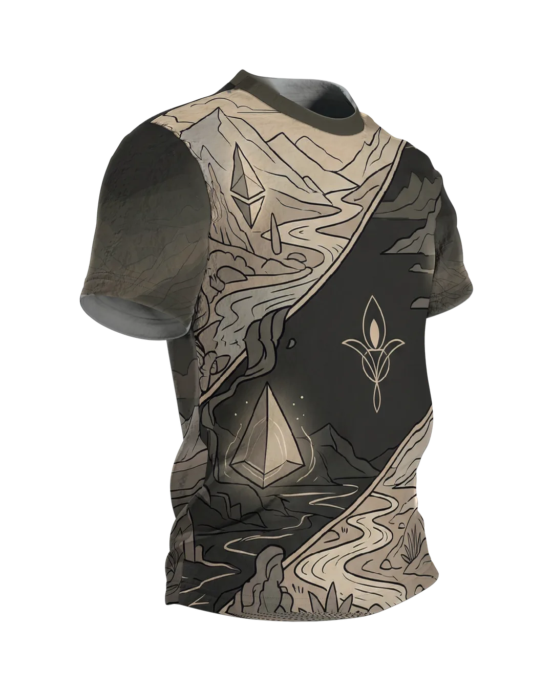 Mystische Kristalle T-Shirt: Landschaft in Tag und Nacht, Seitenansicht links