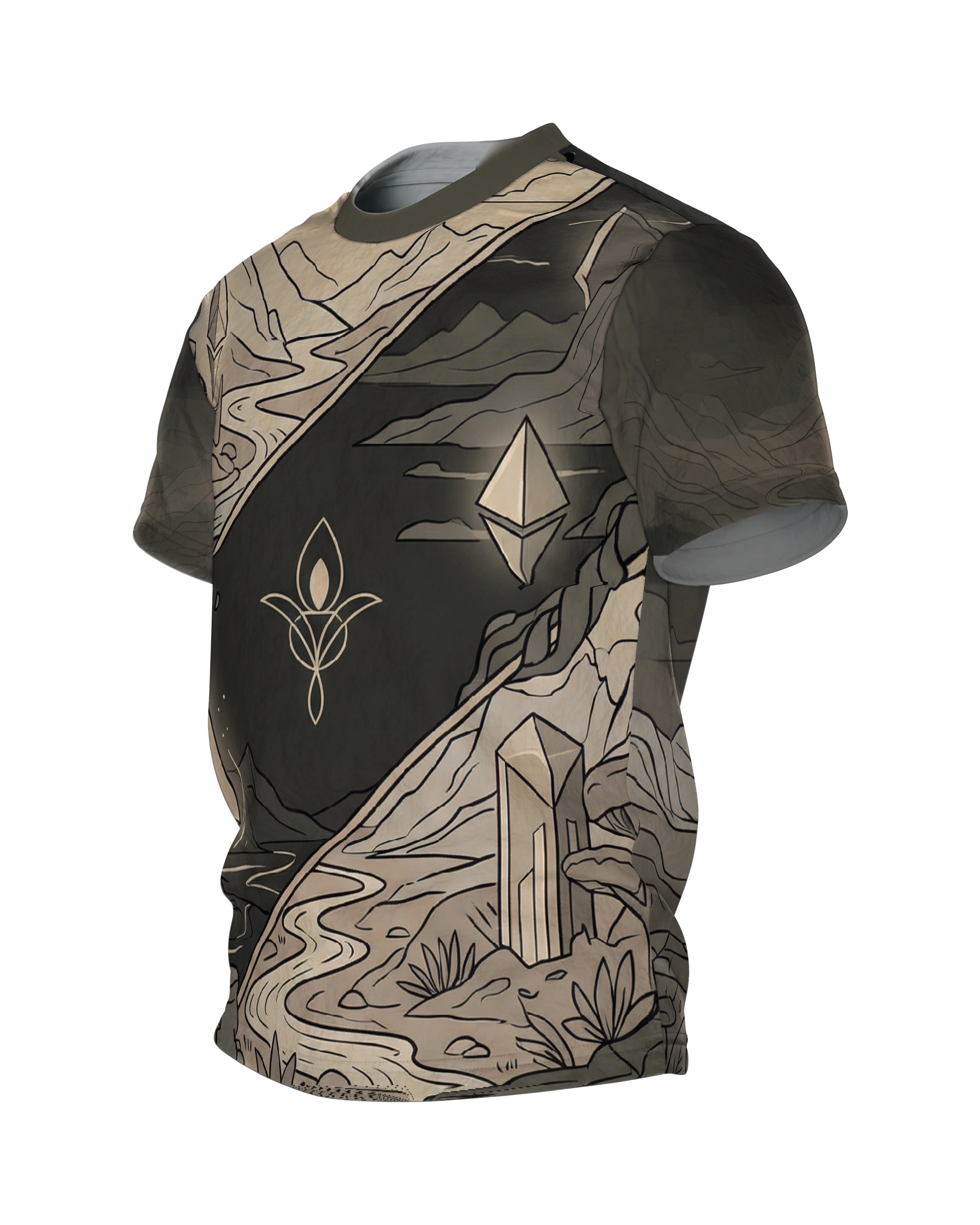Mystische Kristalle T-Shirt: Landschaft in Tag und Nacht, Seitenansicht rechts