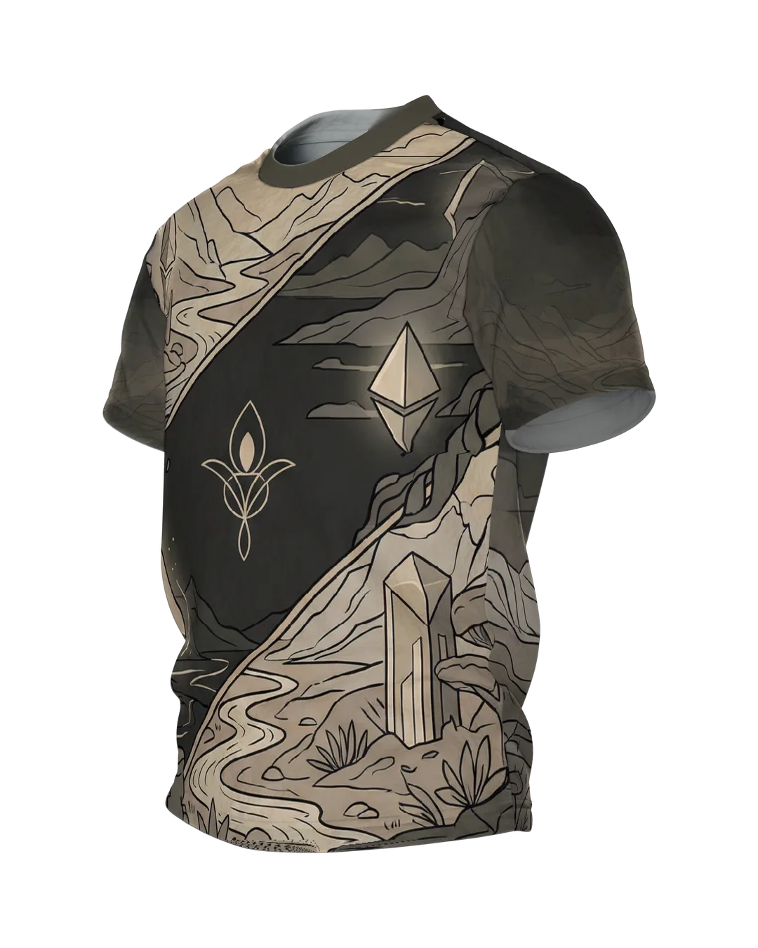 Mystische Kristalle T-Shirt: Landschaft in Tag und Nacht, Seitenansicht rechts