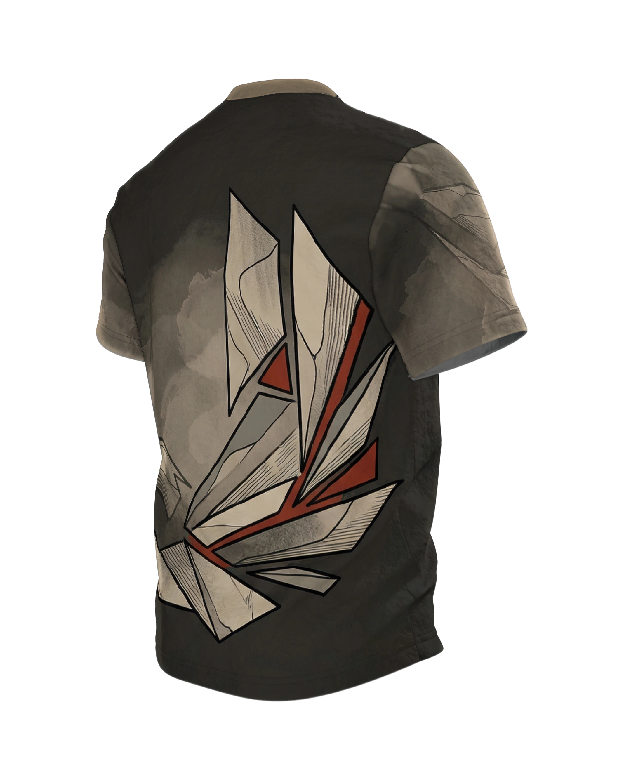 Origami Splitter T-Shirt: Papierkanten in Beige und Rot, Rückseite schräg links