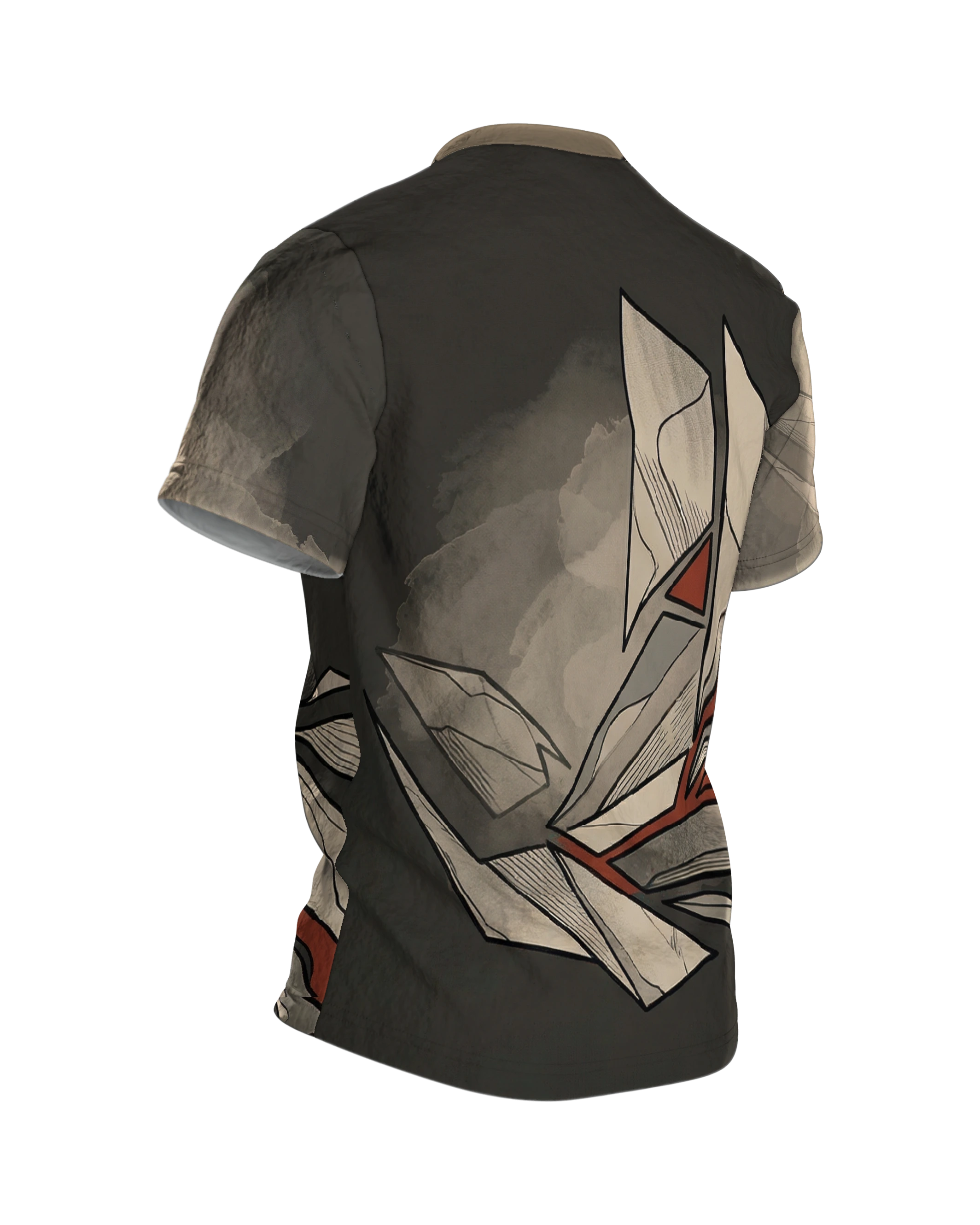 Origami Splitter T-Shirt: Papierkanten in Beige und Rot, Rückseite schräg rechts