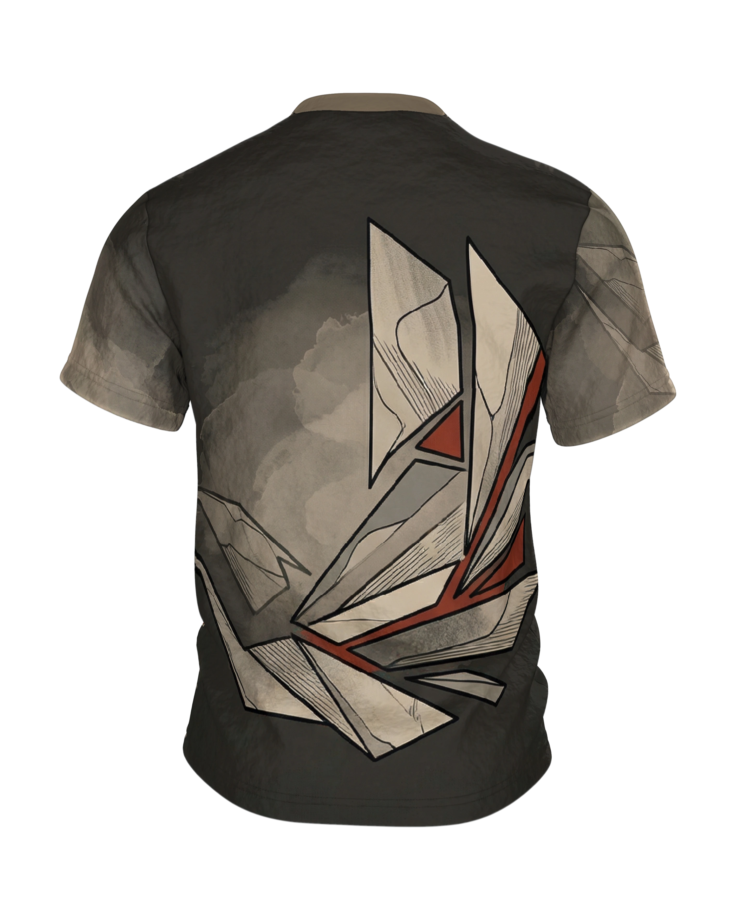 Origami Splitter T-Shirt: Papierkanten in Beige und Rot, Rückseite