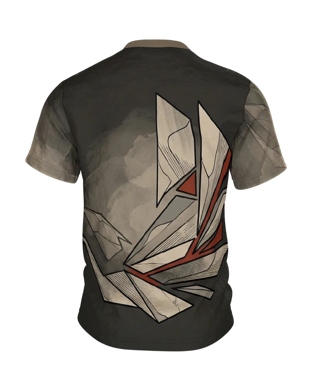 Origami Splitter T-Shirt: Papierkanten in Beige und Rot, Rückseite