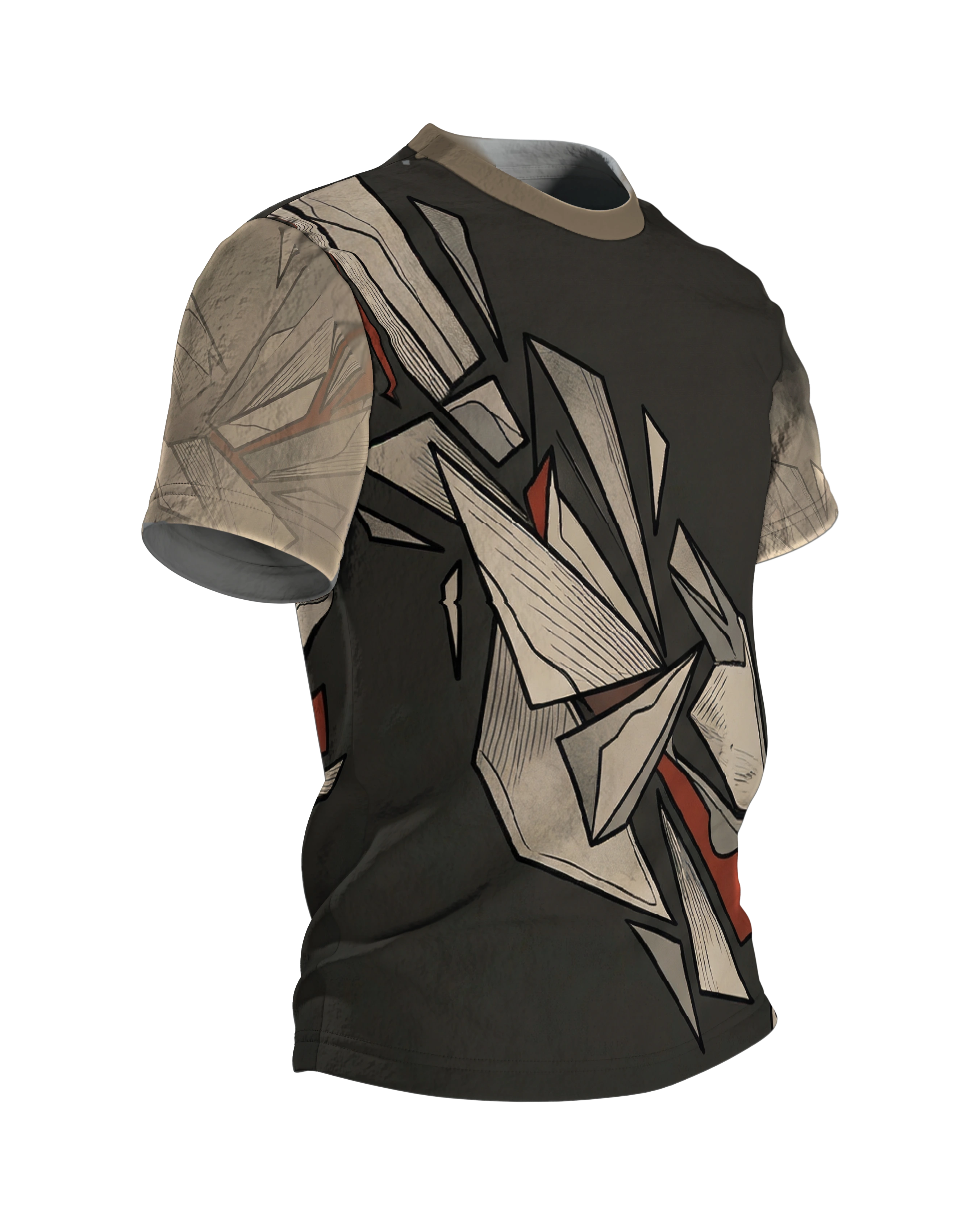 Origami Splitter T-Shirt: Papierkanten in Beige und Rot, Seitenansicht links