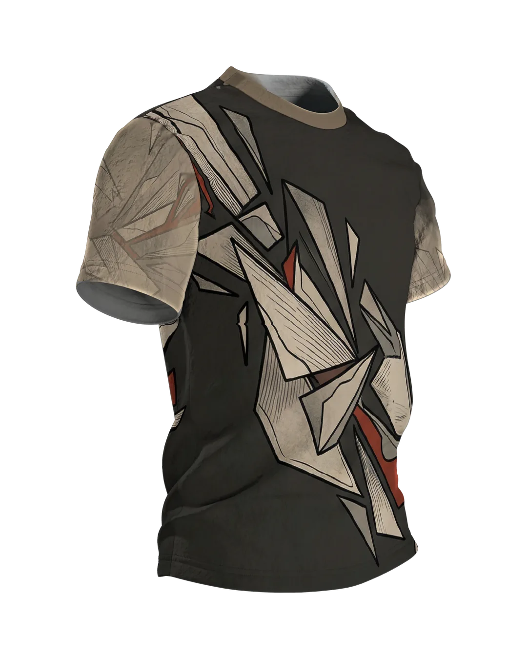 Origami Splitter T-Shirt: Papierkanten in Beige und Rot, Seitenansicht links