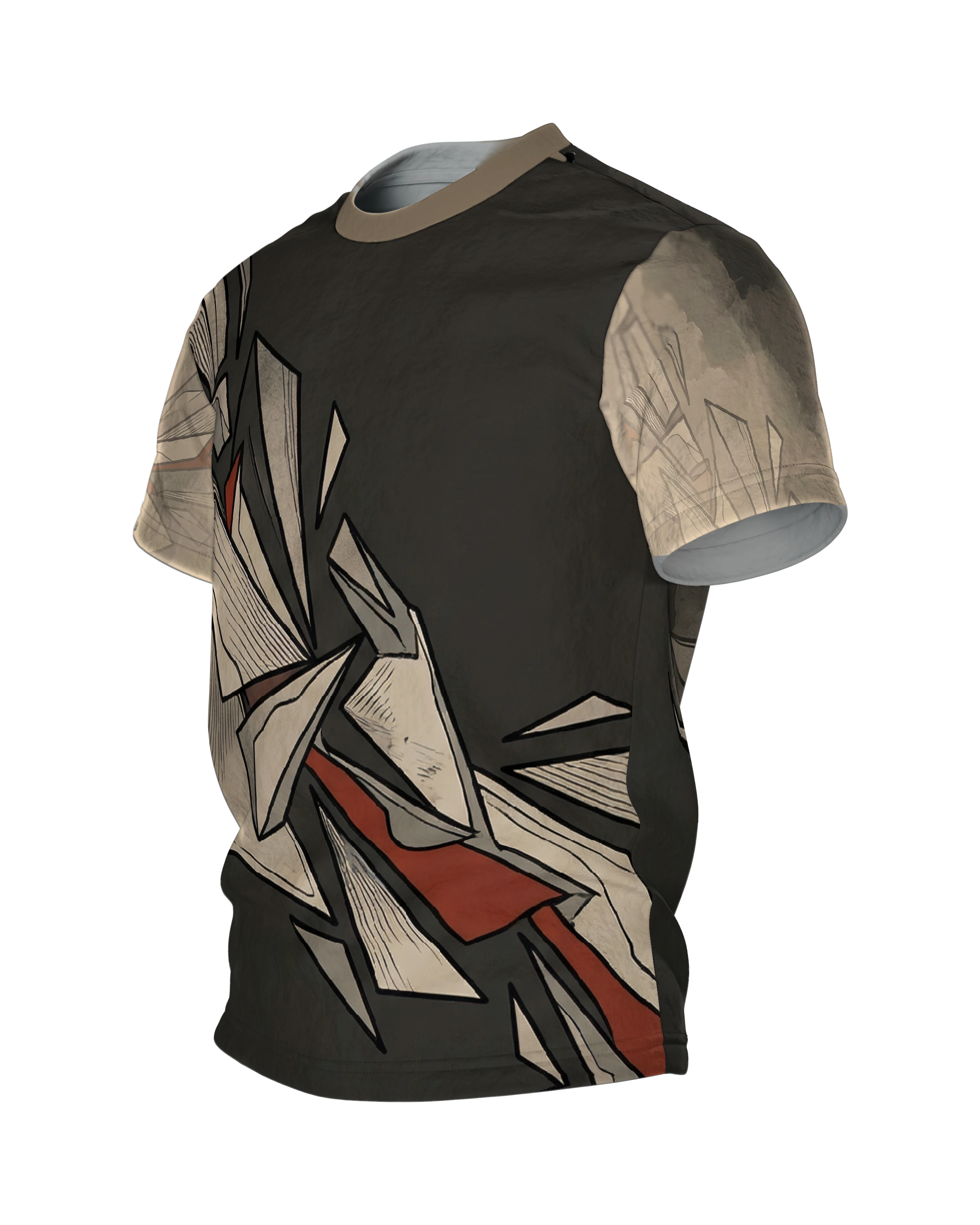 Origami Splitter T-Shirt: Papierkanten in Beige und Rot, Seitenansicht rechts