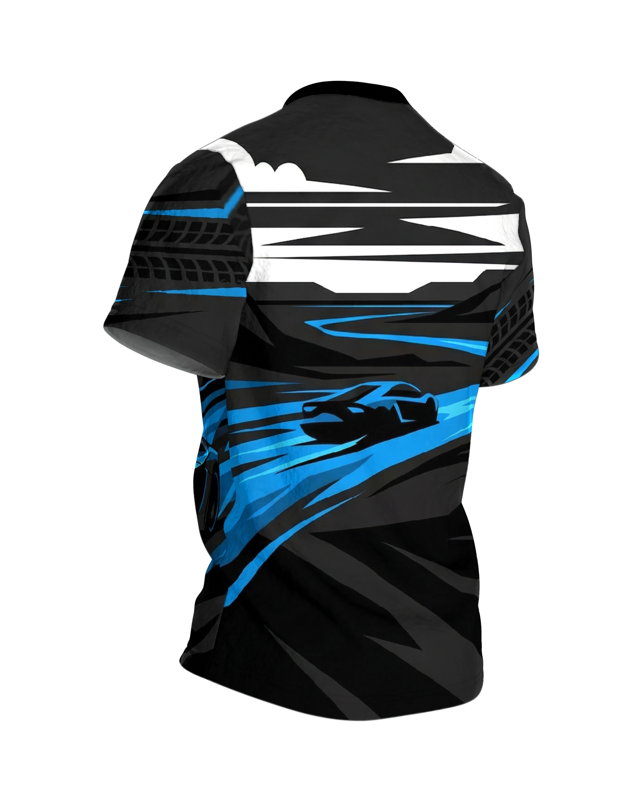 Neonblau Sportwagen T-Shirt: Night Drive Vektor, Rückseite schräg rechts
