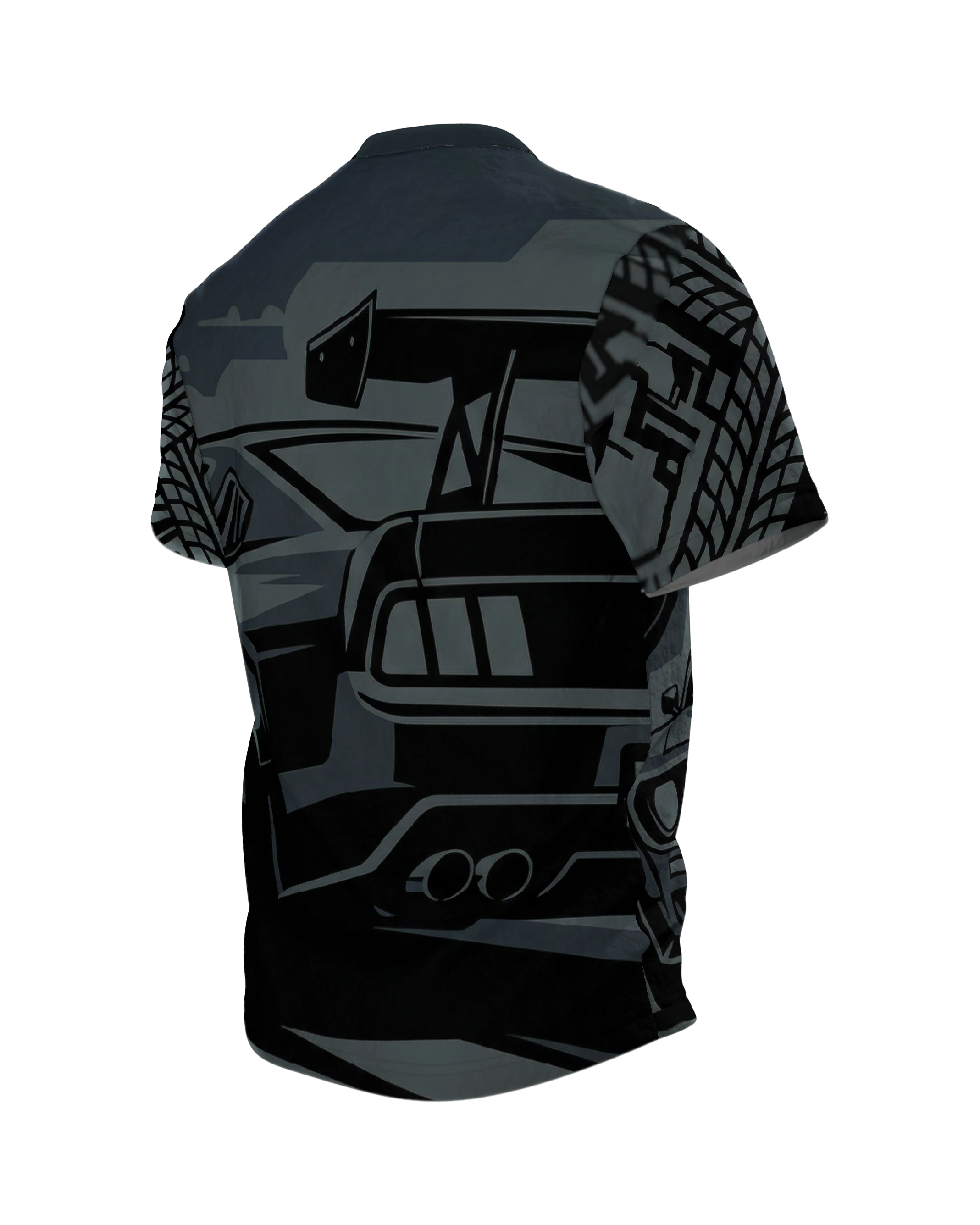 Dark Street Racing T-Shirt: Muscle Car und Reifenspuren in Anthrazit, Rückseite schräg links