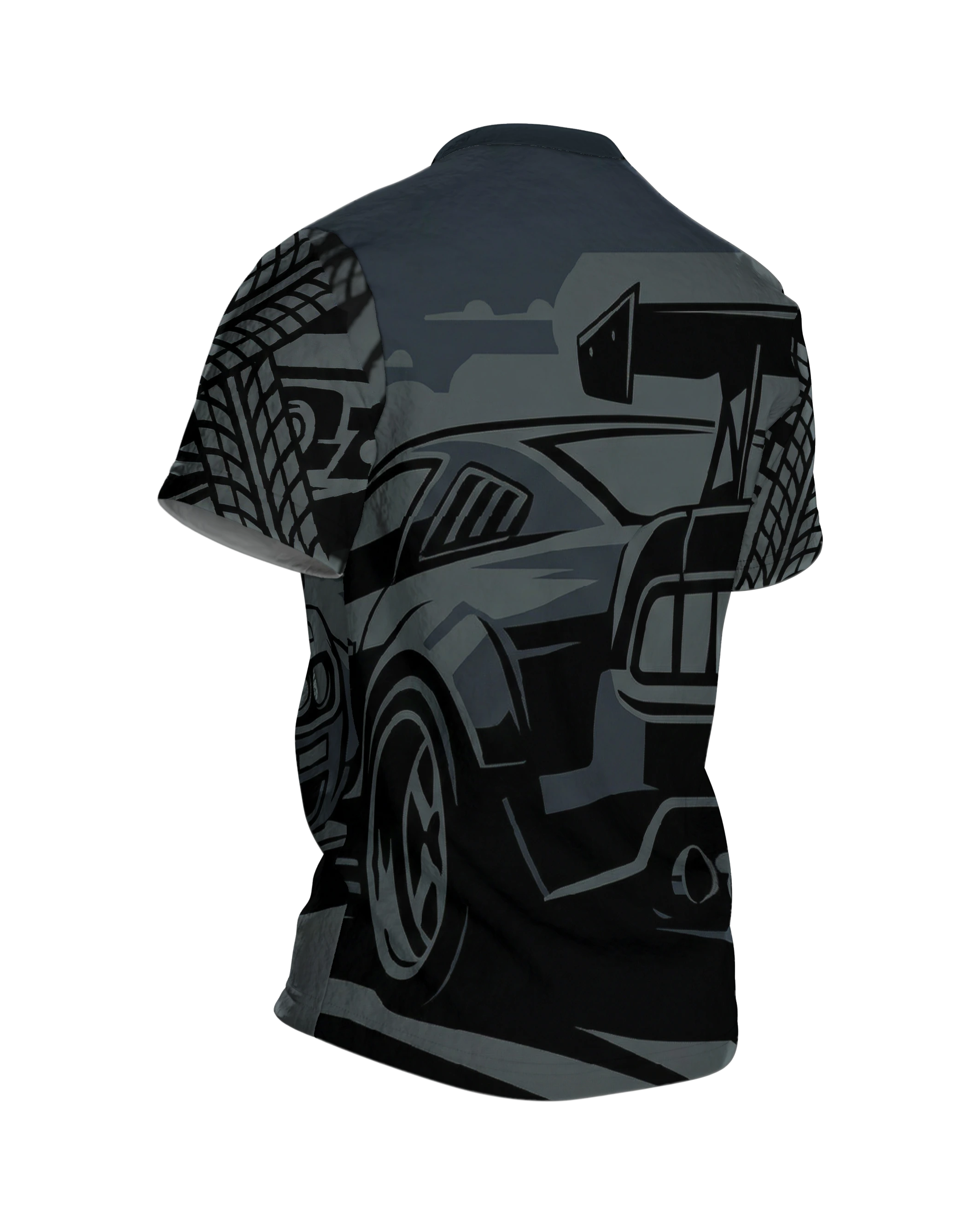 Dark Street Racing T-Shirt: Muscle Car und Reifenspuren in Anthrazit, Rückseite schräg rechts