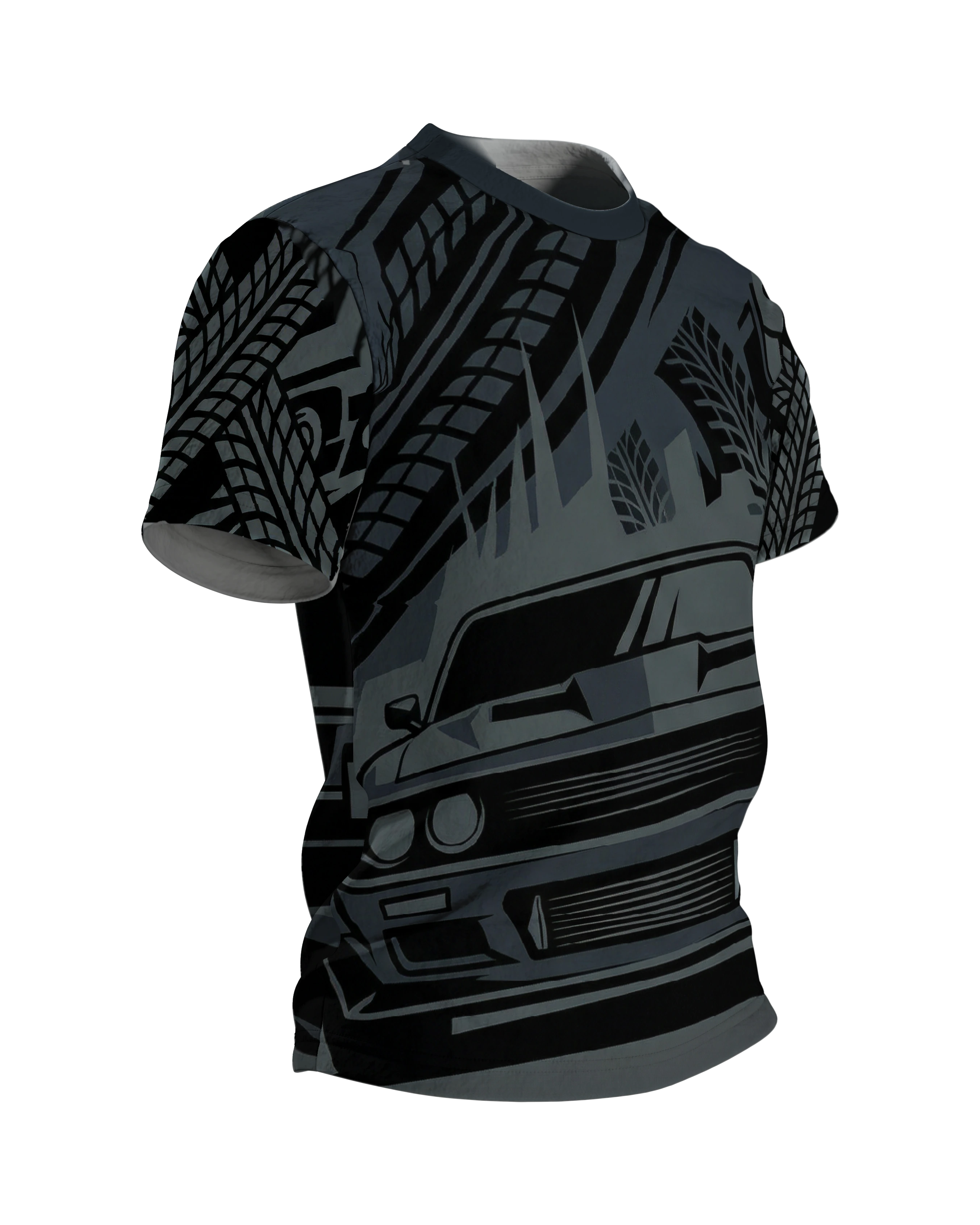Dark Street Racing T-Shirt: Muscle Car und Reifenspuren in Anthrazit, Seitenansicht links