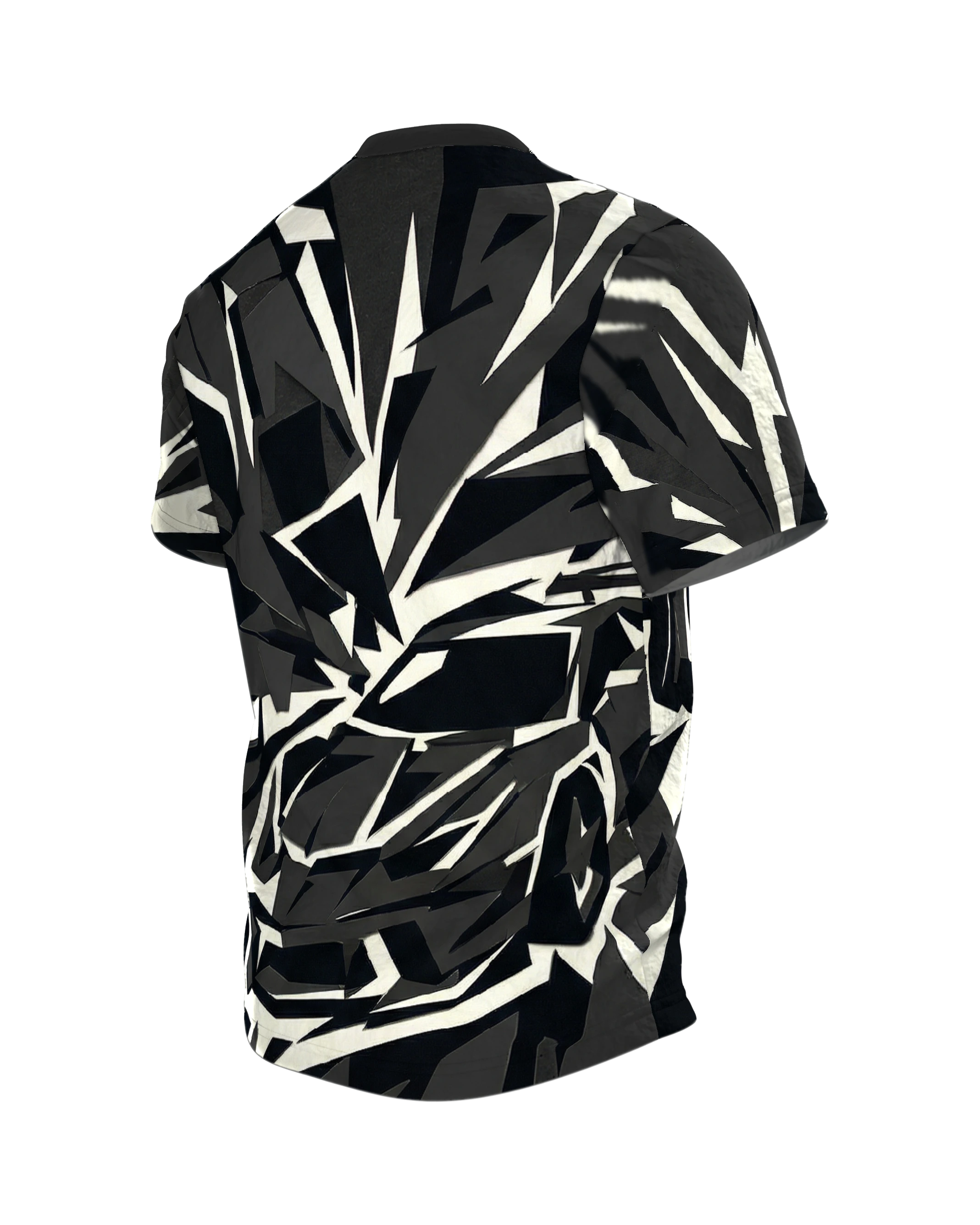 Polygon Sportwagen T-Shirt, Supersportler aus Splittern in Schwarz Creme als Allover, Rückseite schräg links