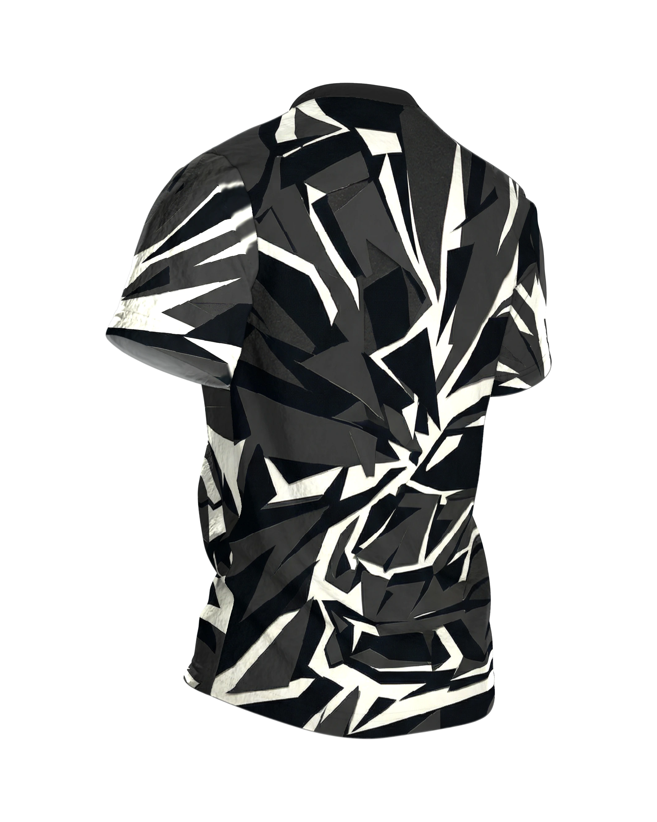 Polygon Sportwagen T-Shirt, Supersportler aus Splittern in Schwarz Creme als Allover, Rückseite schräg rechts