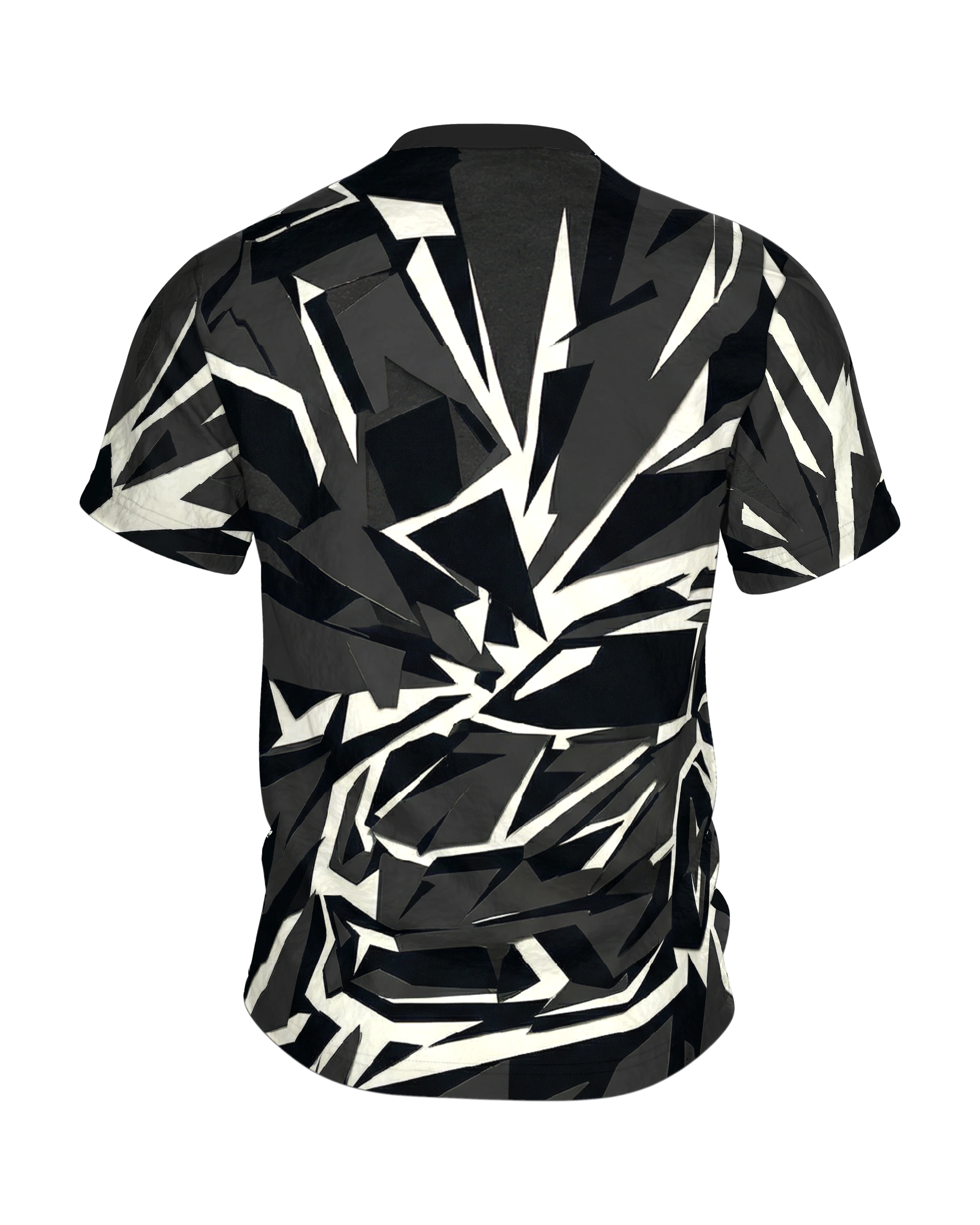 Polygon Sportwagen T-Shirt, Supersportler aus Splittern in Schwarz Creme als Allover, Rückseite