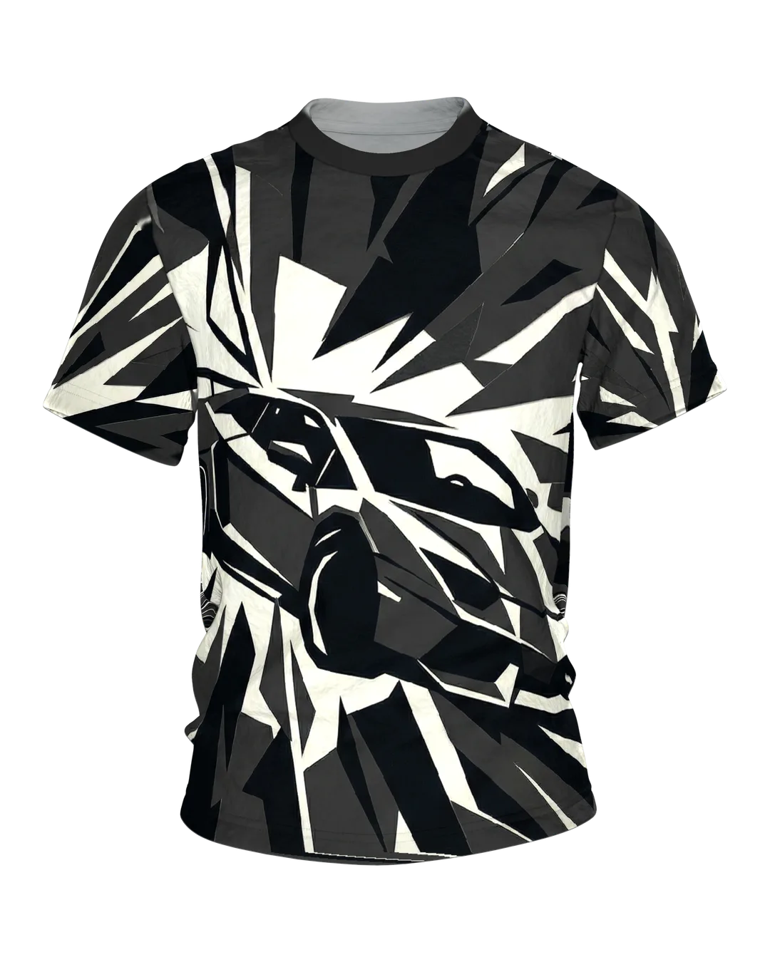 Polygon Sportwagen T-Shirt, Supersportler aus Splittern in Schwarz Creme als Allover