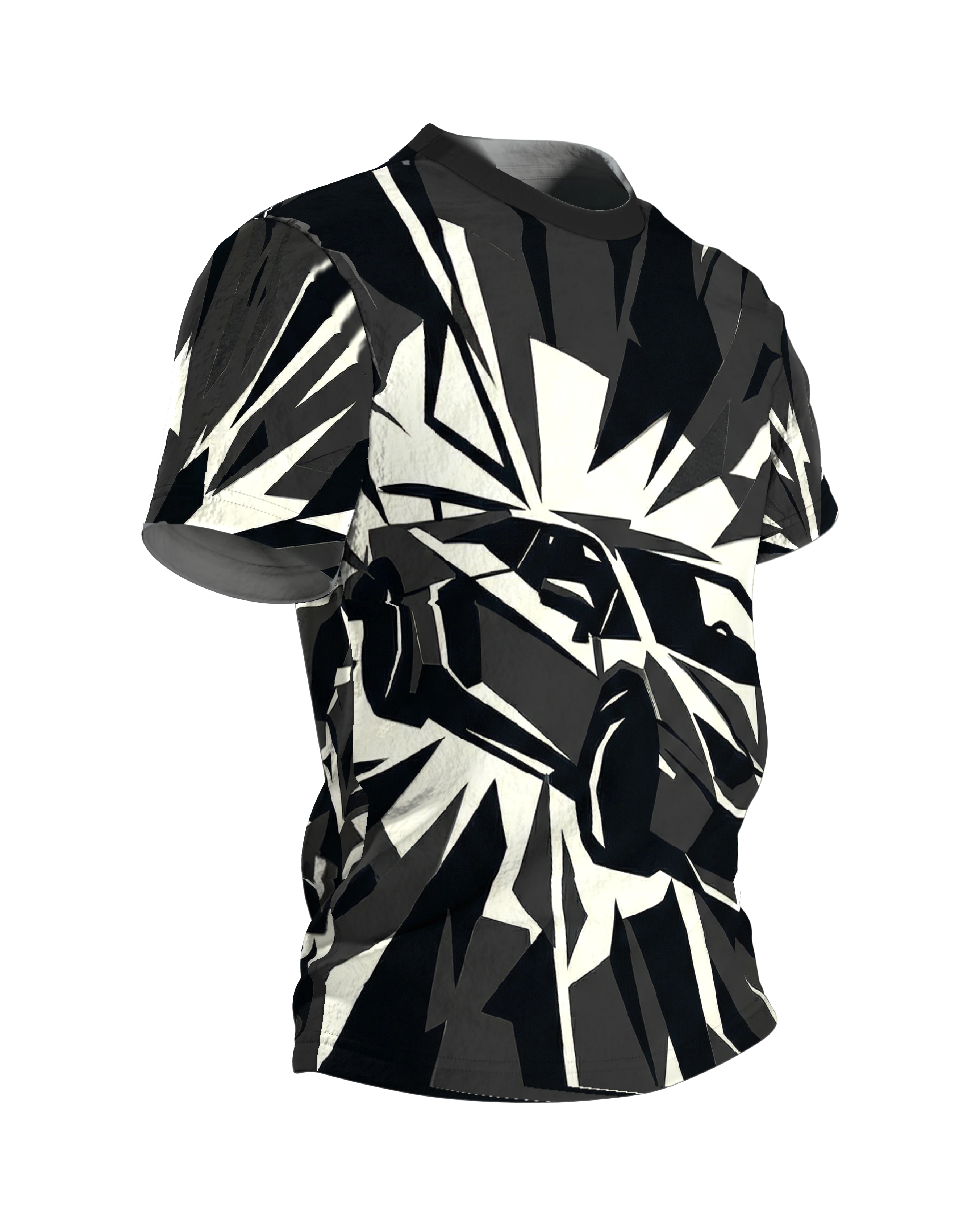 Polygon Sportwagen T-Shirt, Supersportler aus Splittern in Schwarz Creme als Allover, Seitenansicht links