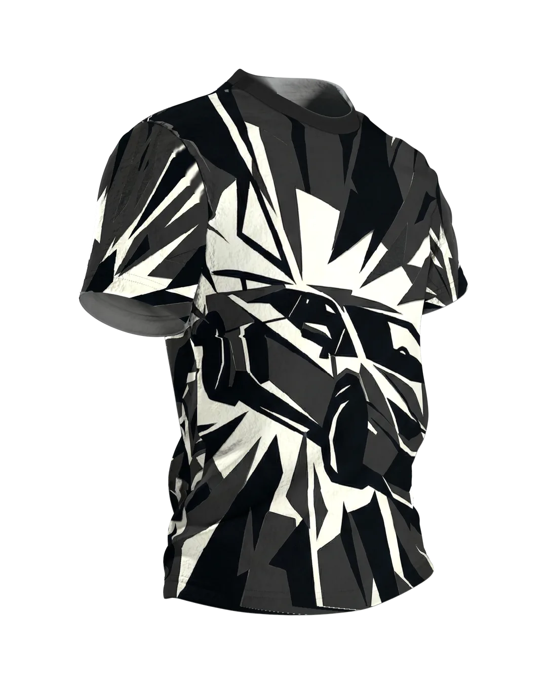 Polygon Sportwagen T-Shirt, Supersportler aus Splittern in Schwarz Creme als Allover, Seitenansicht links