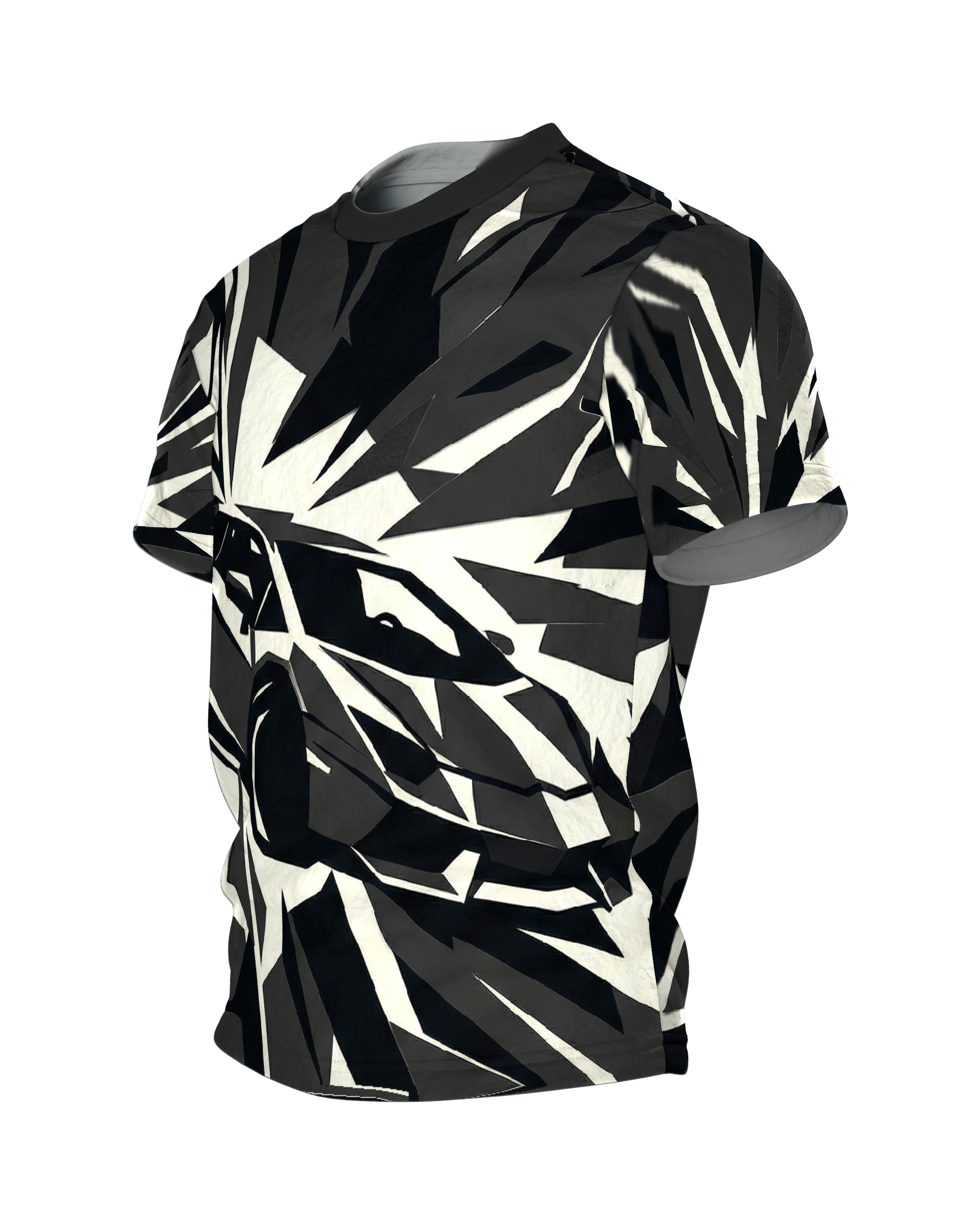 Polygon Sportwagen T-Shirt, Supersportler aus Splittern in Schwarz Creme als Allover, Seitenansicht rechts