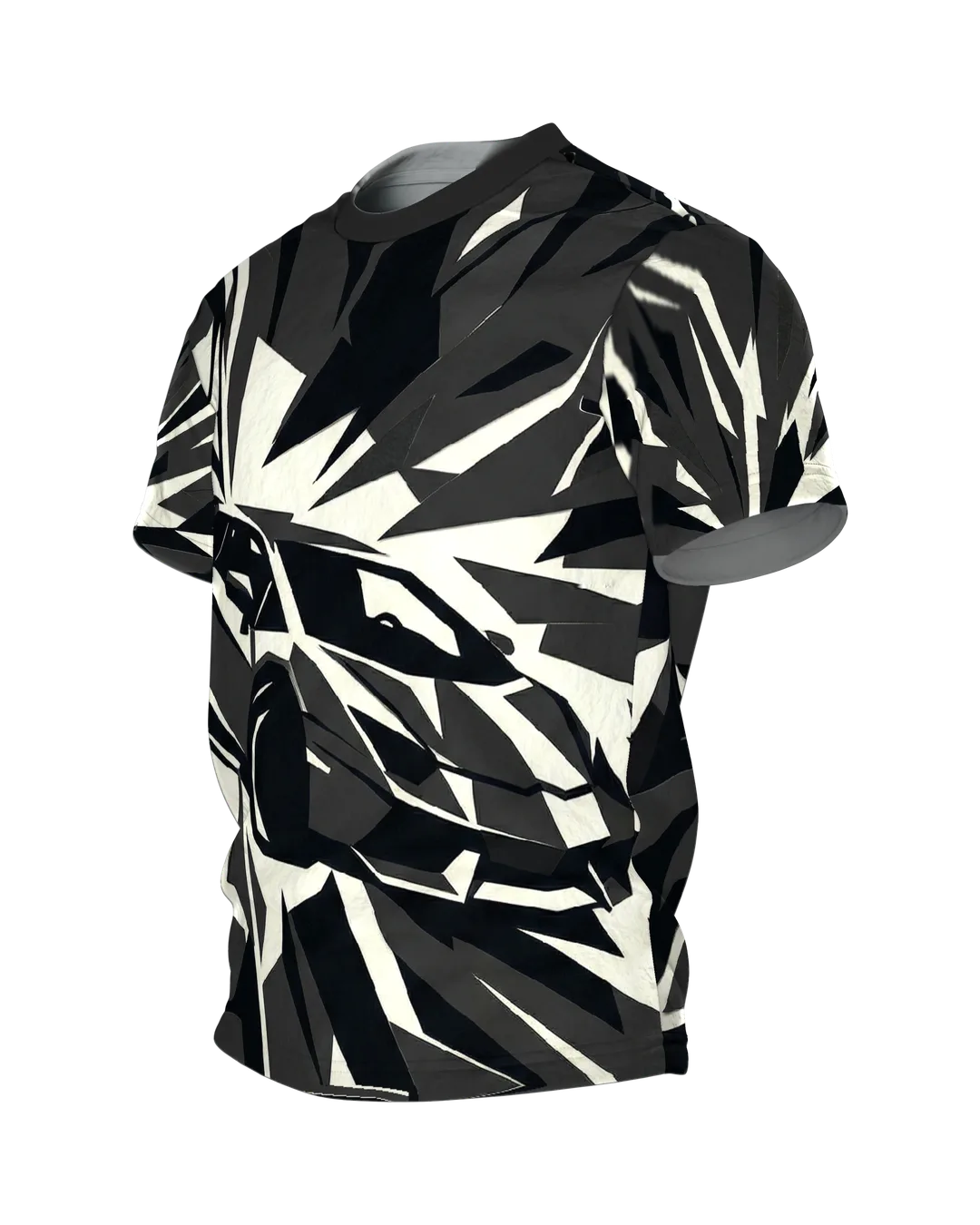 Polygon Sportwagen T-Shirt, Supersportler aus Splittern in Schwarz Creme als Allover, Seitenansicht rechts