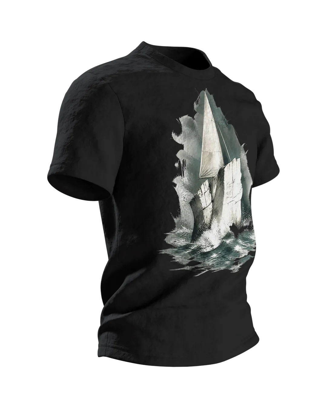 Stevns Klint T-Shirt, Kreideklippe als Segelschiff im Aquarell, Seitenansicht links