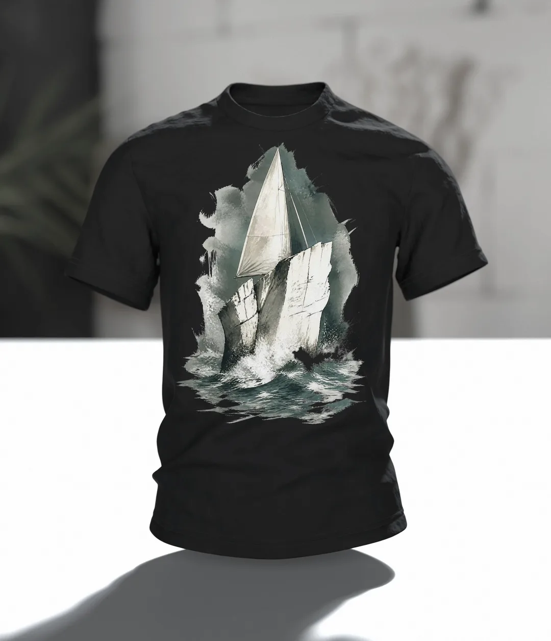 Stevns Klint T-Shirt, Kreideklippe als Segelschiff im Aquarell, Im Raum