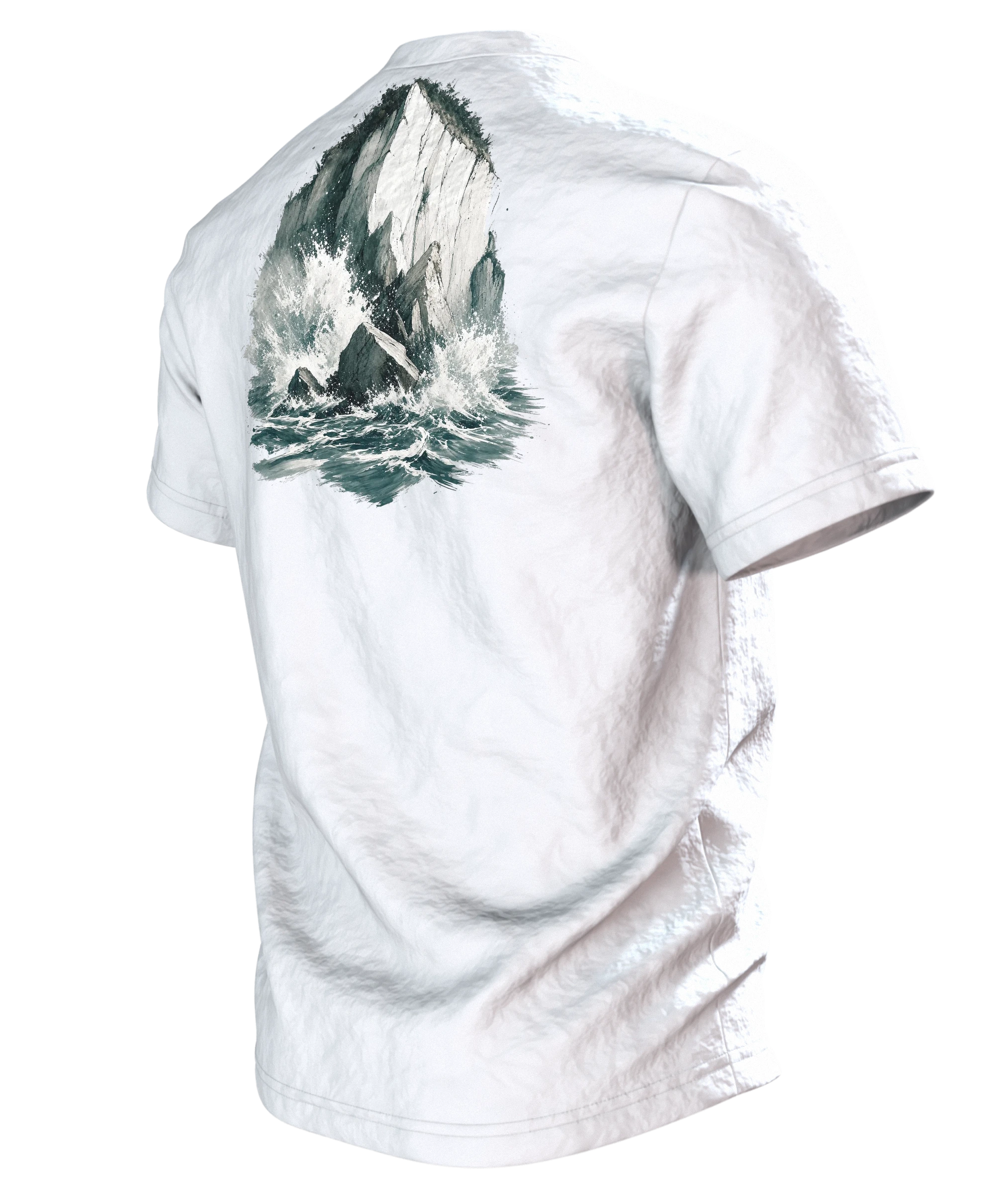 Stevns Klint T-Shirt, Kreideklippe als Segelschiff im Aquarell, Rückseite schräg links