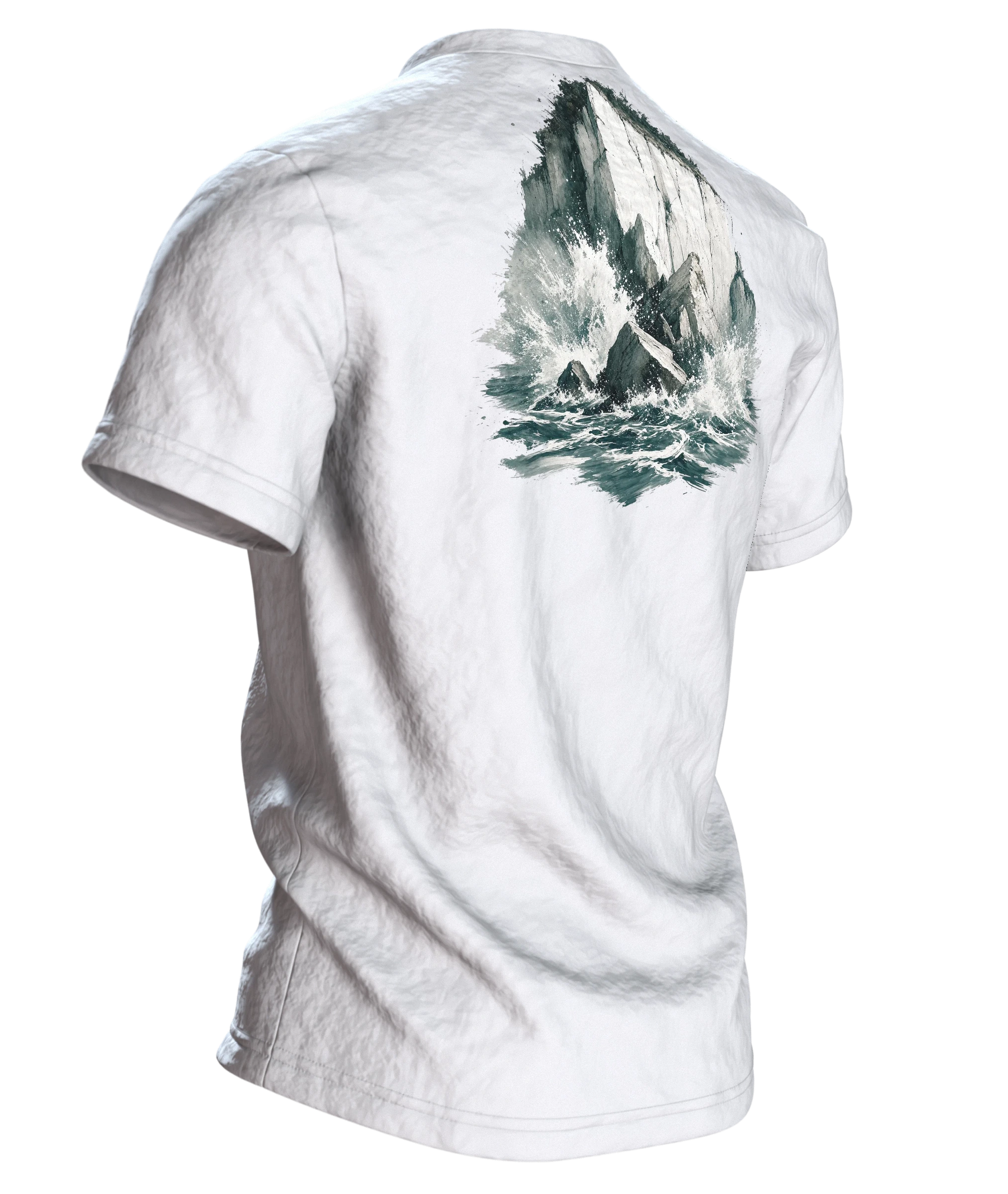 Stevns Klint T-Shirt, Kreideklippe als Segelschiff im Aquarell, Rückseite schräg rechts
