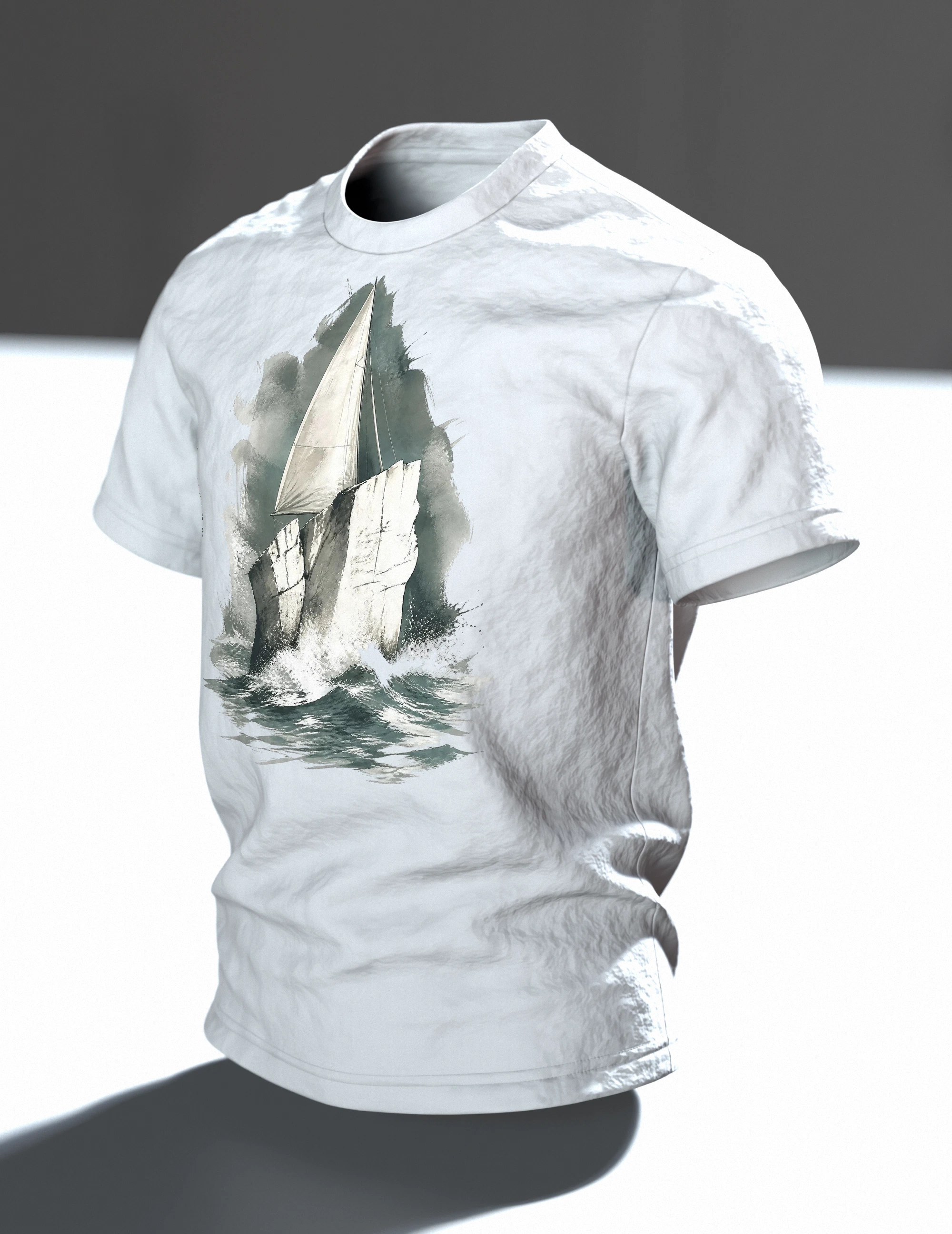 Stevns Klint T-Shirt, Kreideklippe als Segelschiff im Aquarell, Im Raum, schräg
