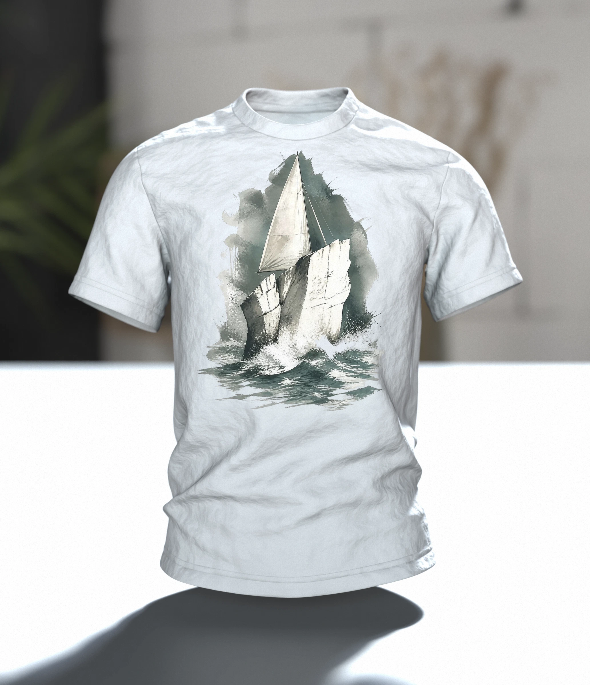 Stevns Klint T-Shirt, Kreideklippe als Segelschiff im Aquarell, Im Raum