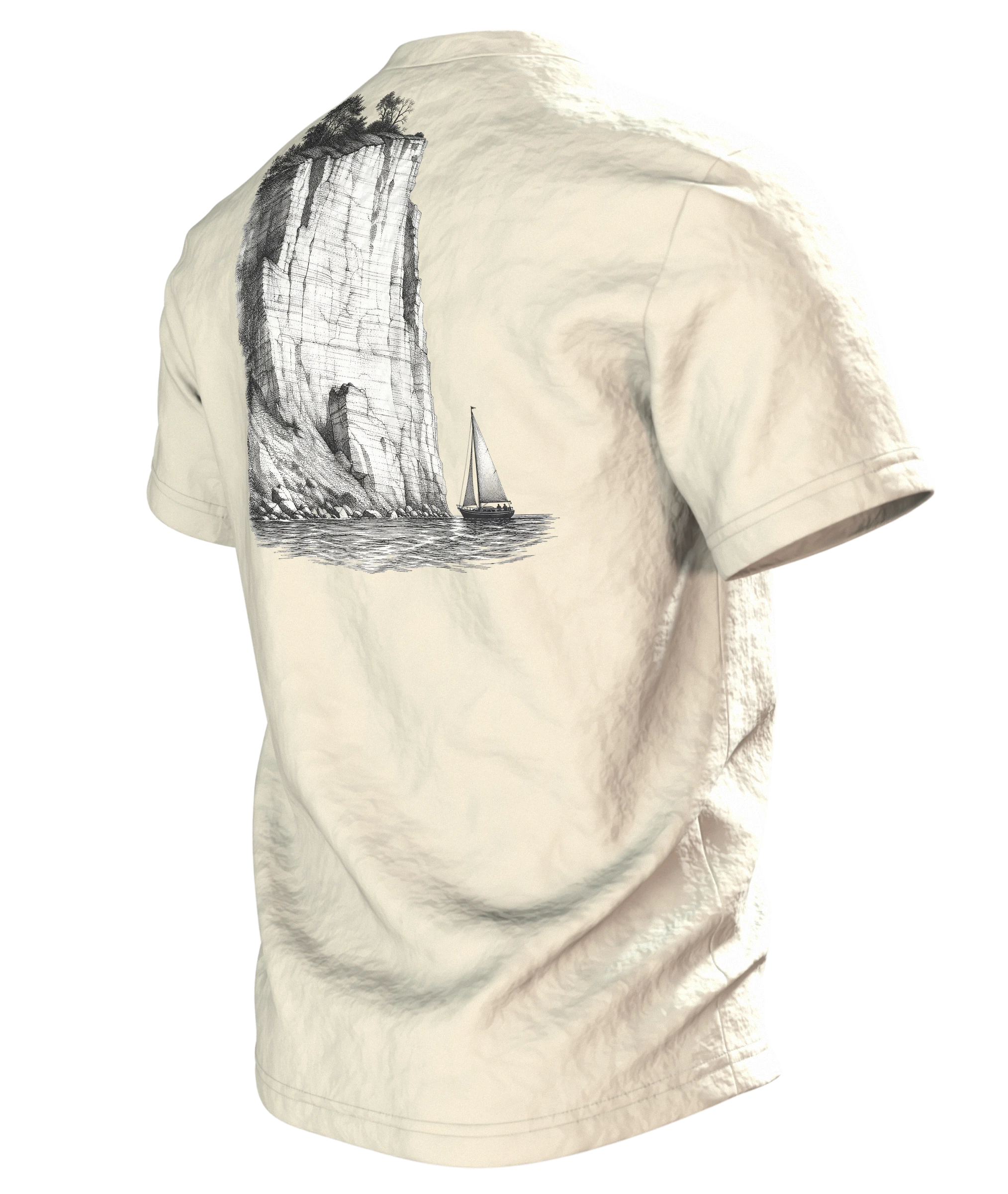 Ostsee segeln an den Klippen T-Shirt, Premium Unikat, Rückseite schräg links