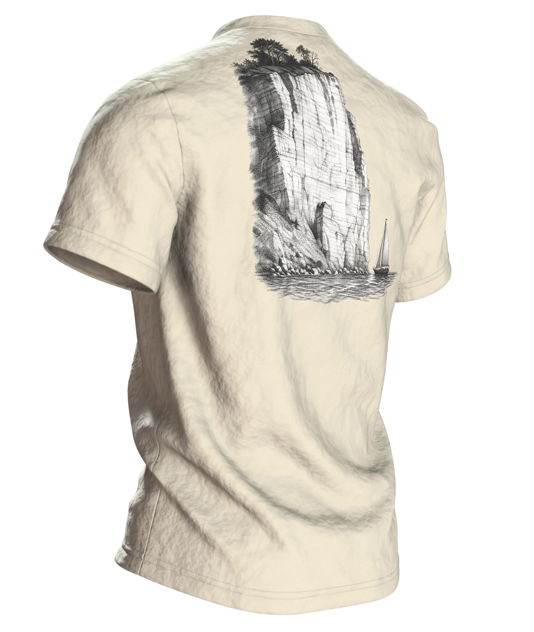 Ostsee segeln an den Klippen T-Shirt, Premium Unikat, Rückseite schräg rechts