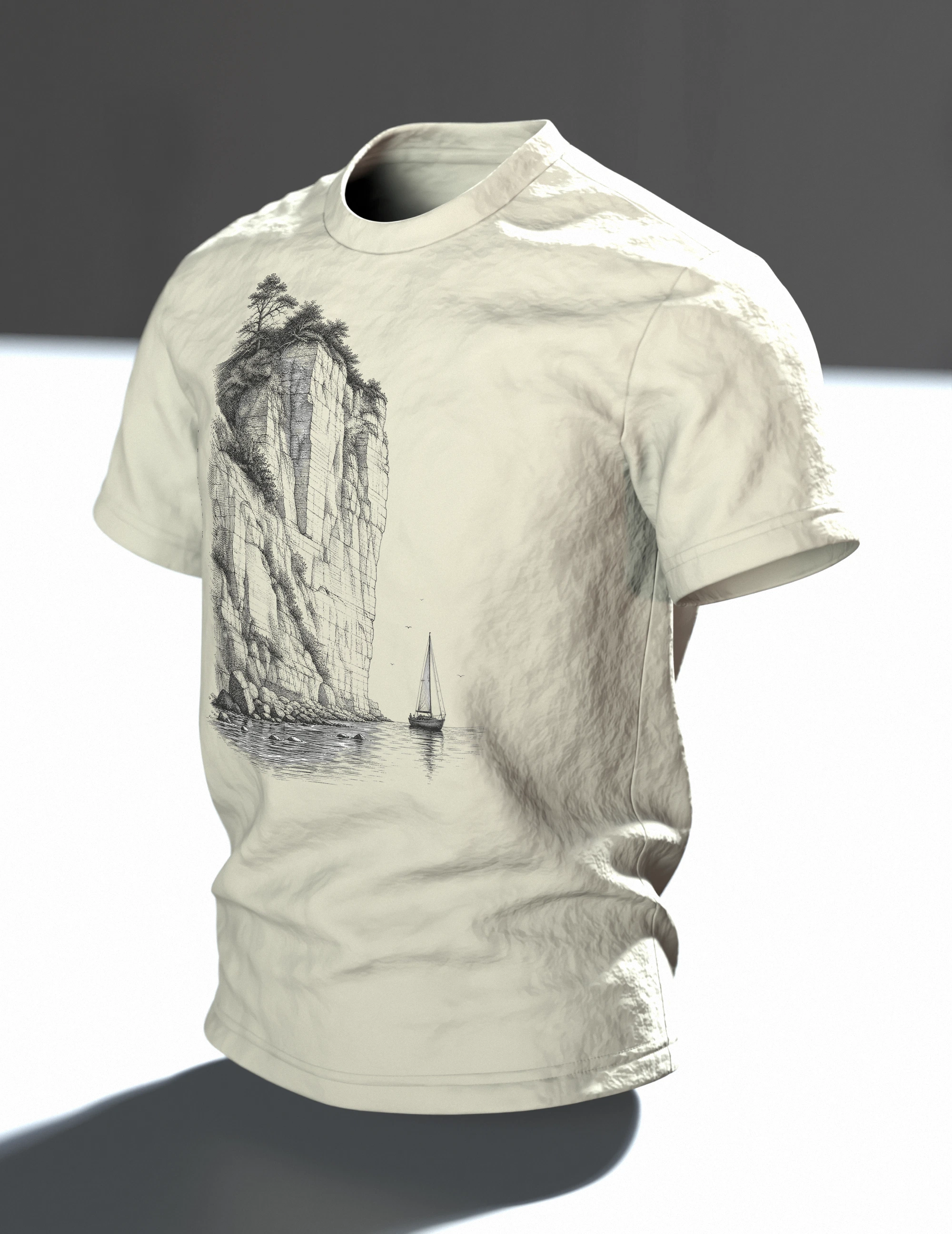 Ostsee segeln an den Klippen T-Shirt, Premium Unikat, Im Raum, schräg