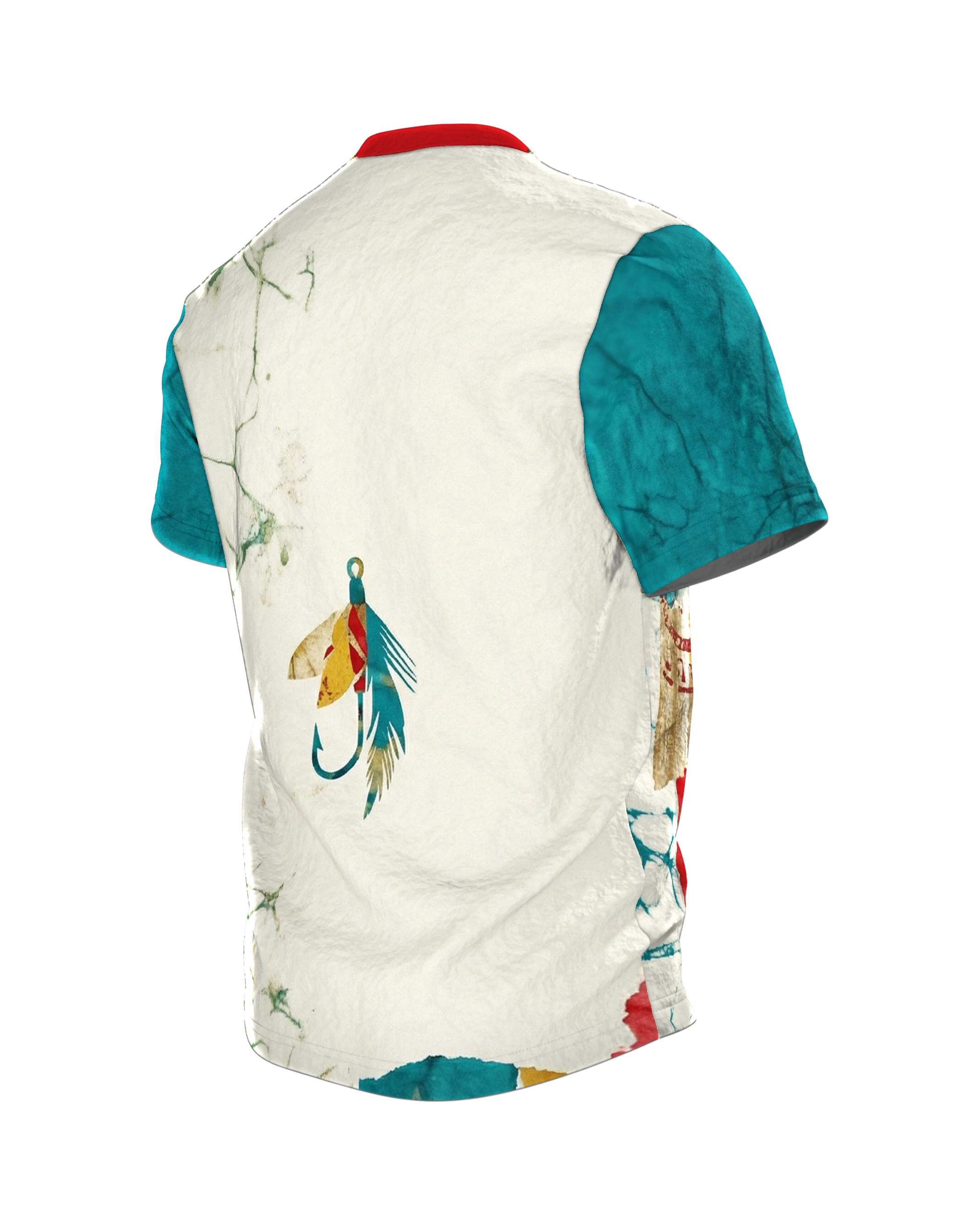 Angelköder Batik T-Shirt: Köder-Silhouetten im Patchwork, Rückseite schräg links
