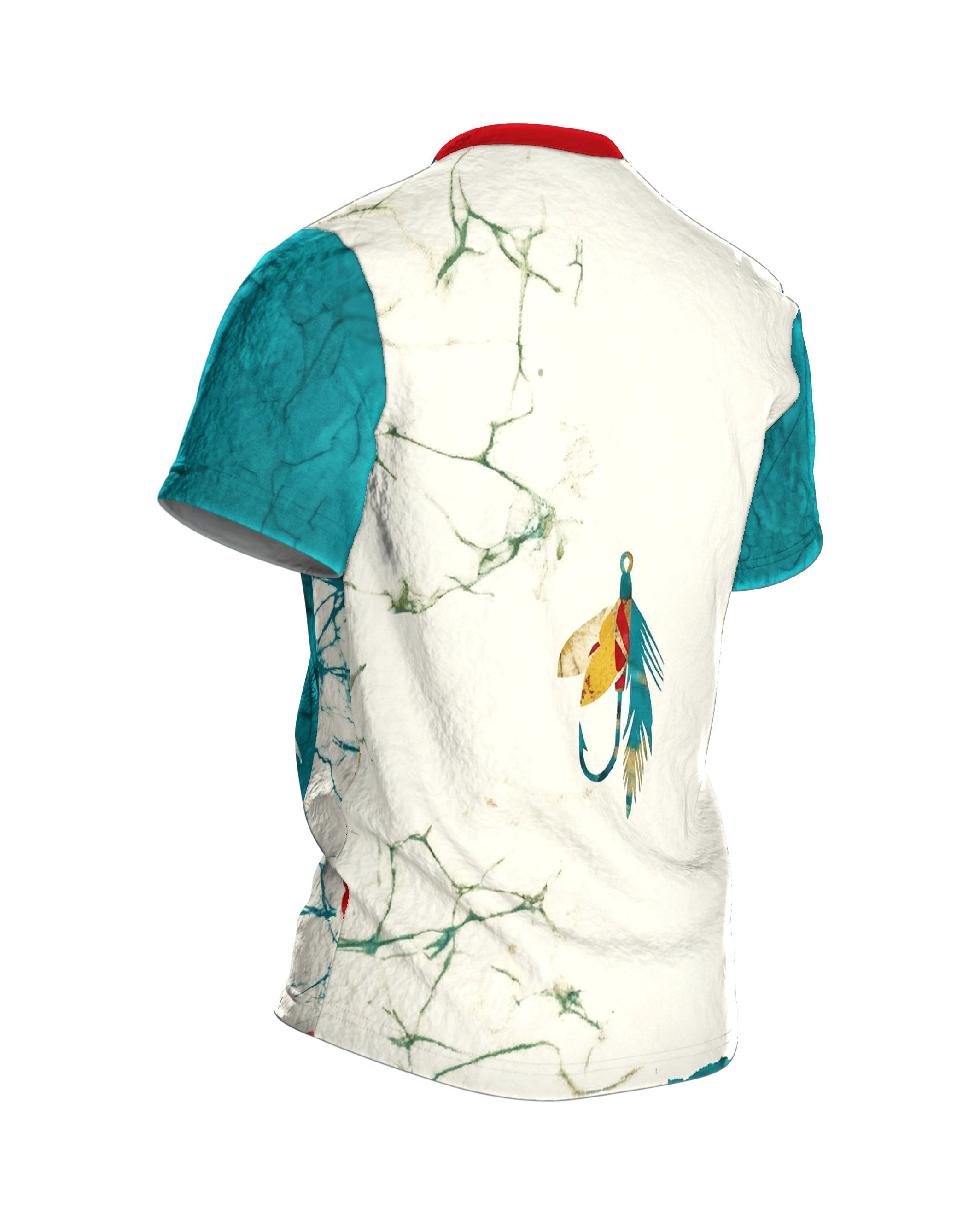 Angelköder Batik T-Shirt: Köder-Silhouetten im Patchwork, Rückseite schräg rechts
