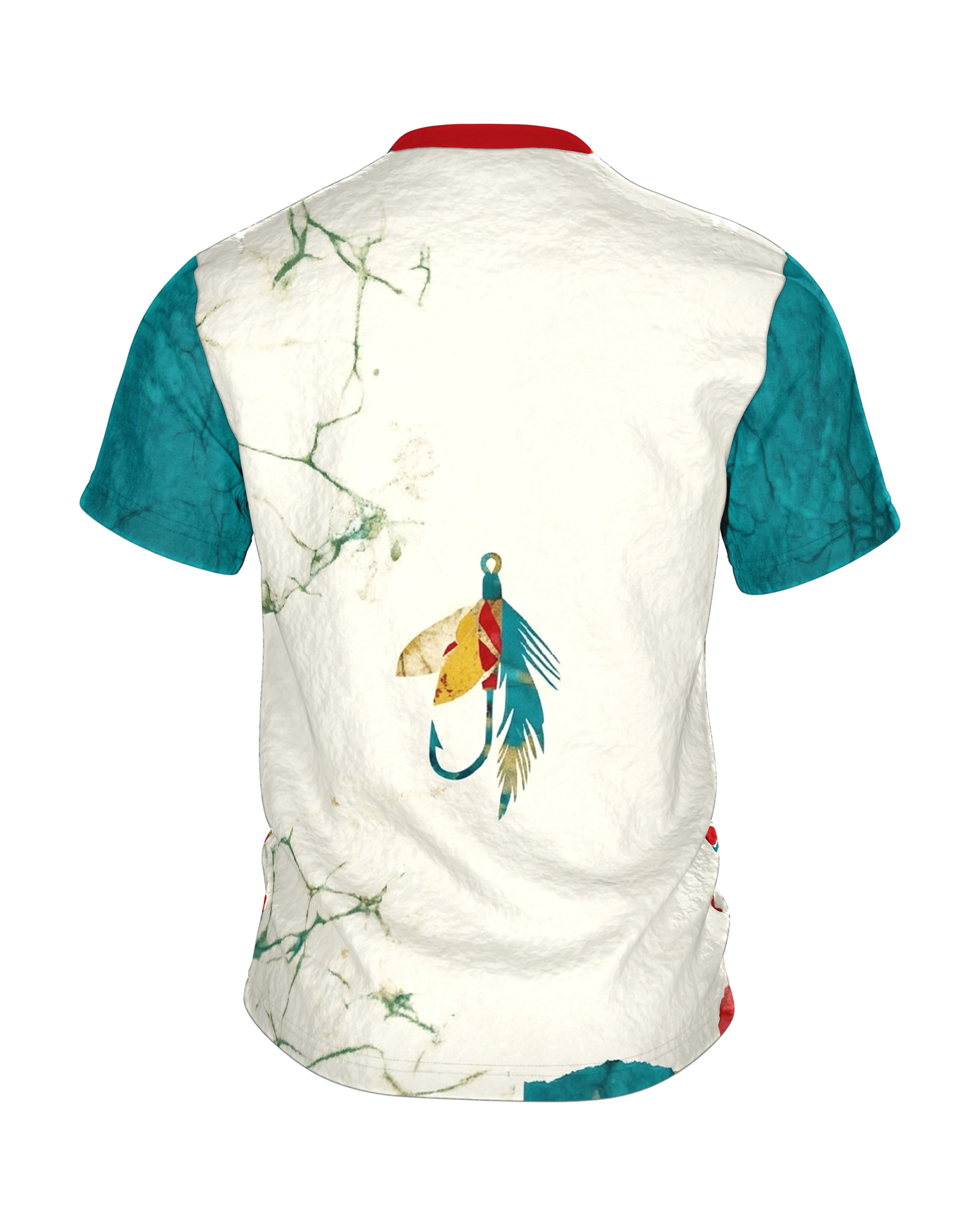 Angelköder Batik T-Shirt: Köder-Silhouetten im Patchwork, Rückseite