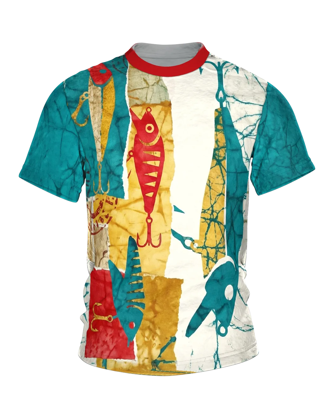 Angelköder Batik T-Shirt: Köder-Silhouetten im Patchwork