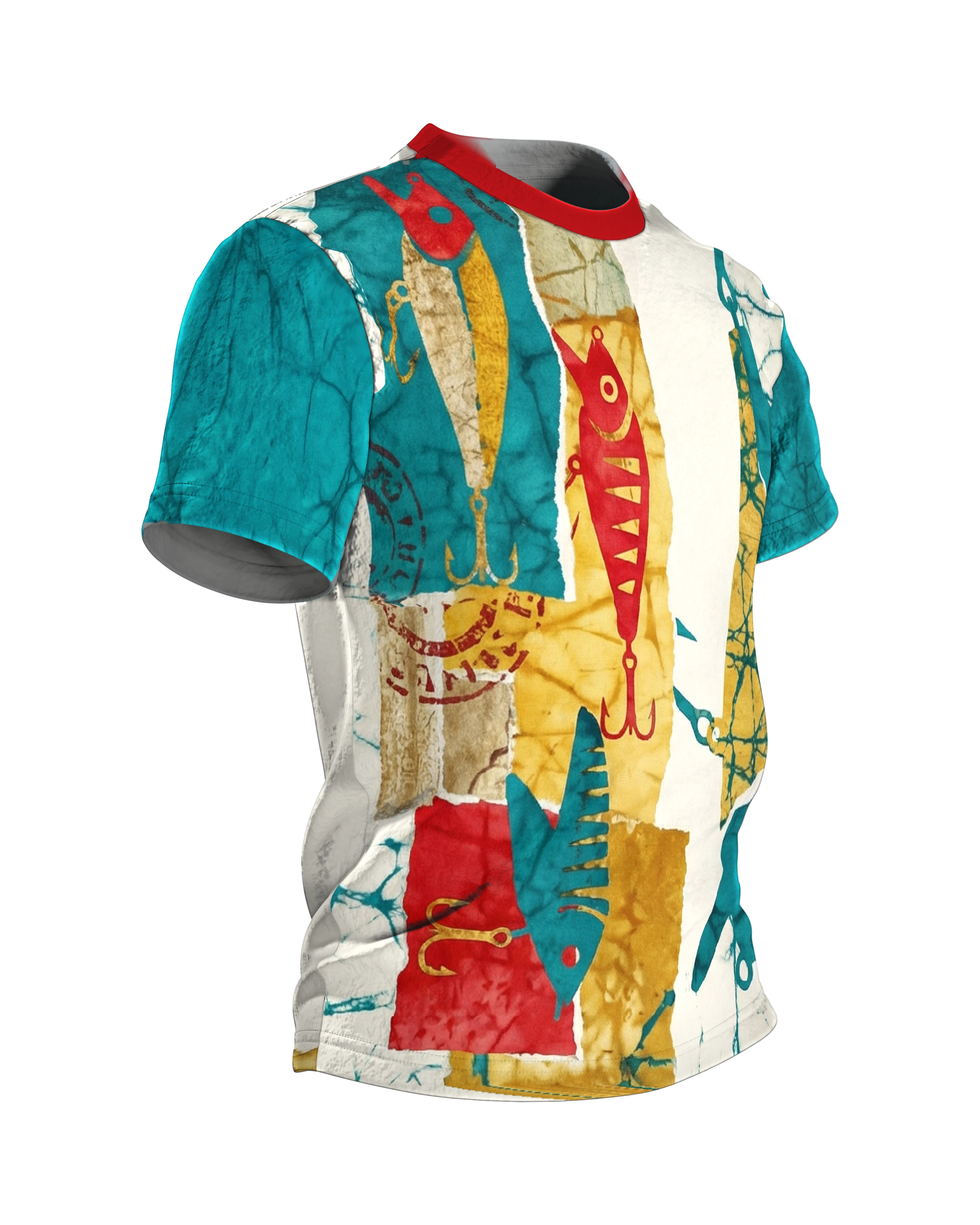 Angelköder Batik T-Shirt: Köder-Silhouetten im Patchwork, Seitenansicht links