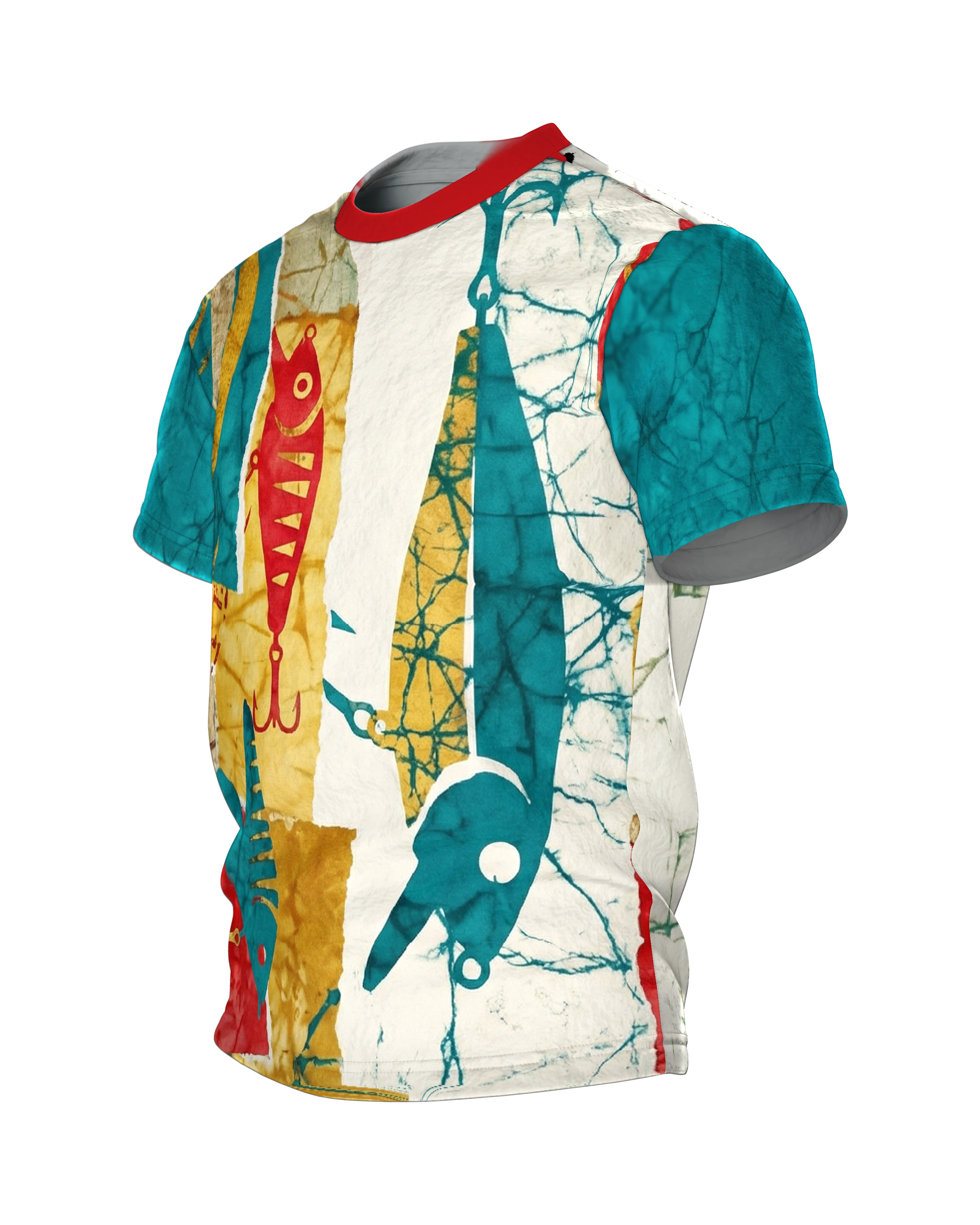 Angelköder Batik T-Shirt: Köder-Silhouetten im Patchwork, Seitenansicht rechts