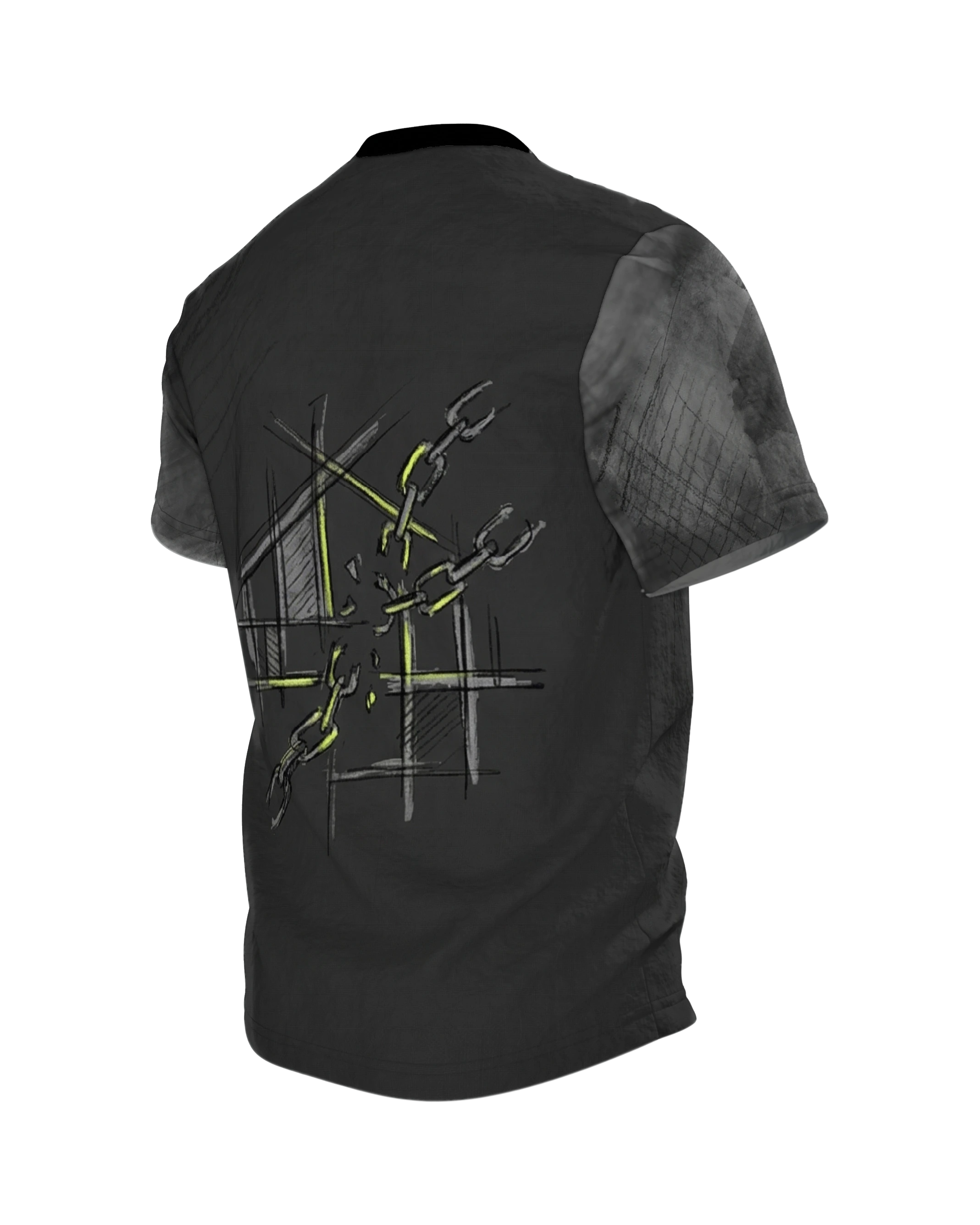 Industrial Blueprint T-Shirt: Zahnrad-Emblem in Kreide und Neon, Rückseite schräg links