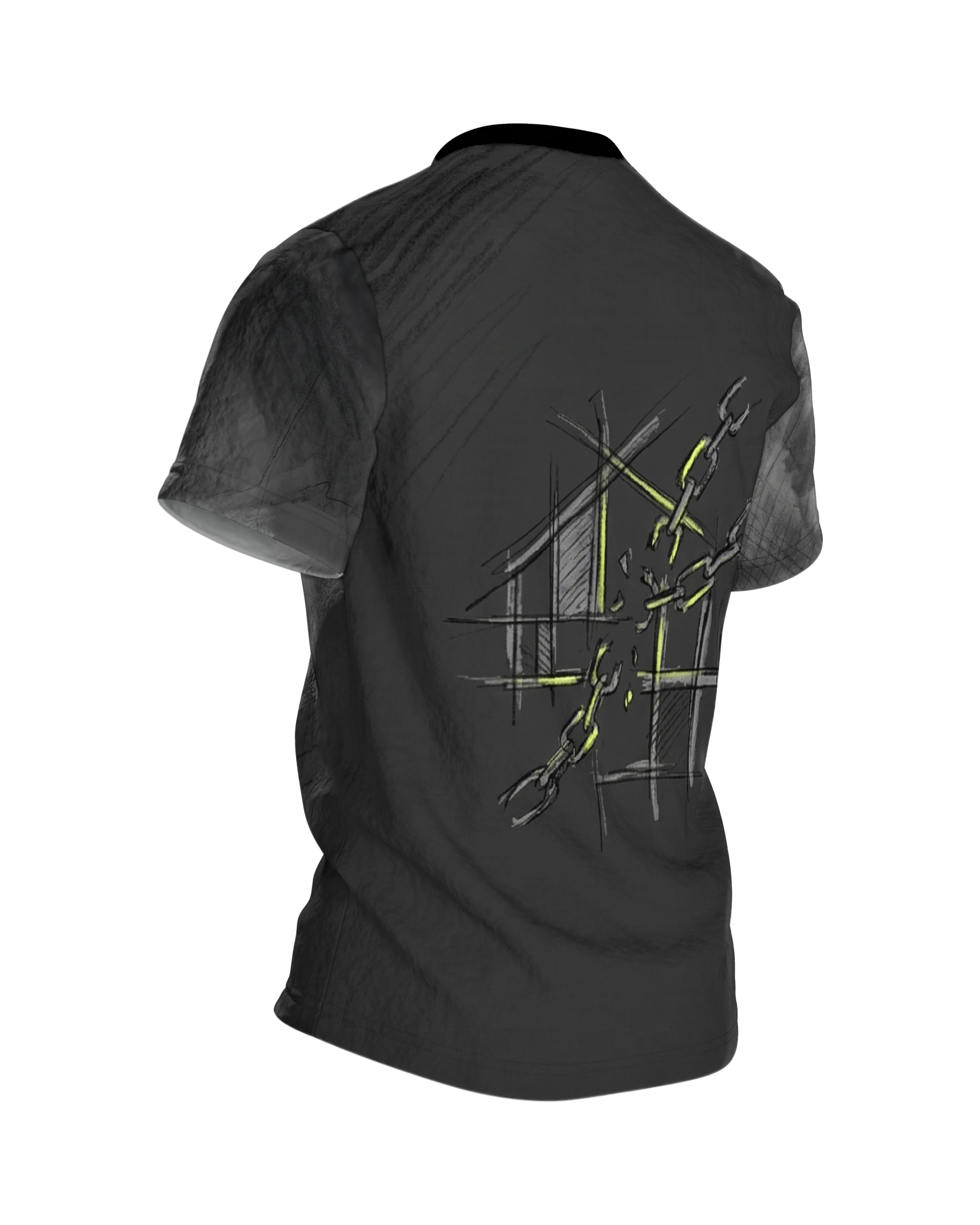 Industrial Blueprint T-Shirt: Zahnrad-Emblem in Kreide und Neon, Rückseite schräg rechts