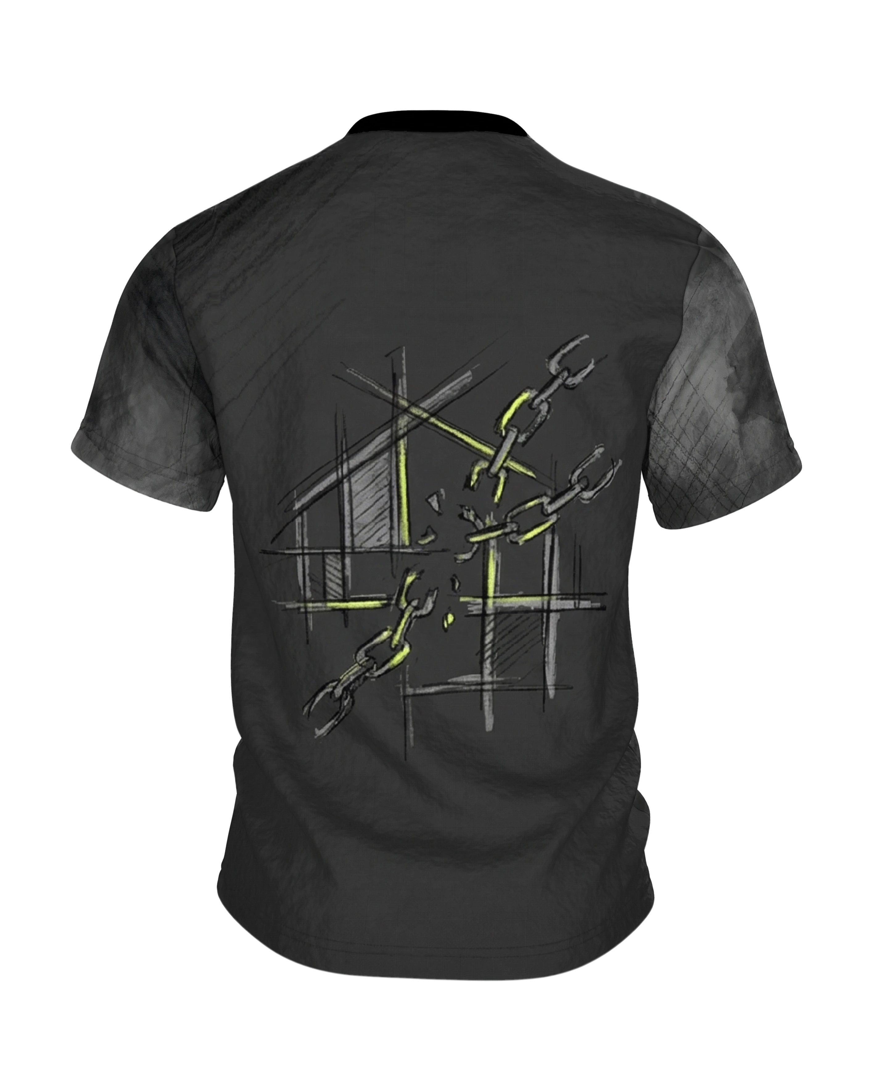 Industrial Blueprint T-Shirt: Zahnrad-Emblem in Kreide und Neon, Rückseite