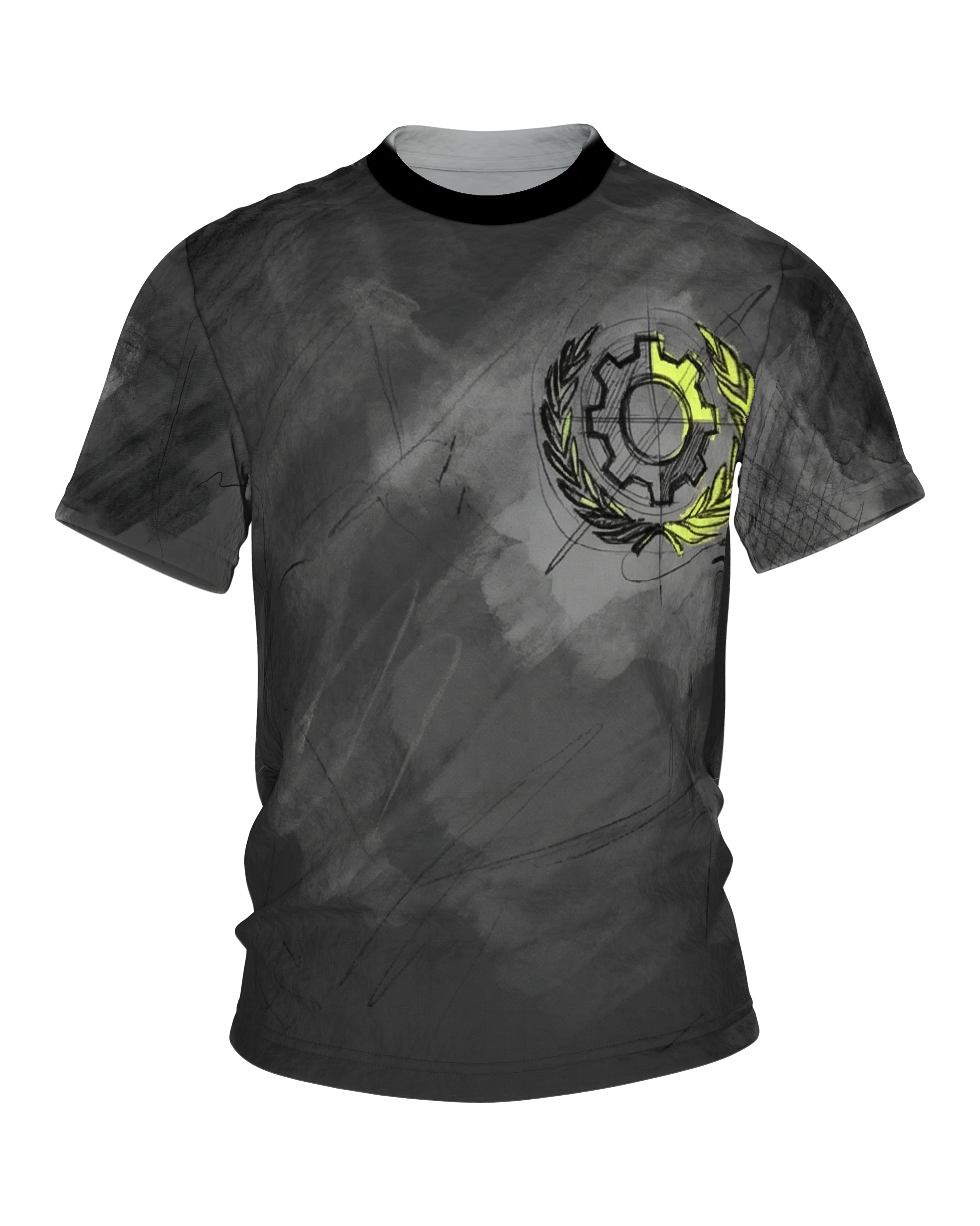 Industrial Blueprint T-Shirt: Zahnrad-Emblem in Kreide und Neon