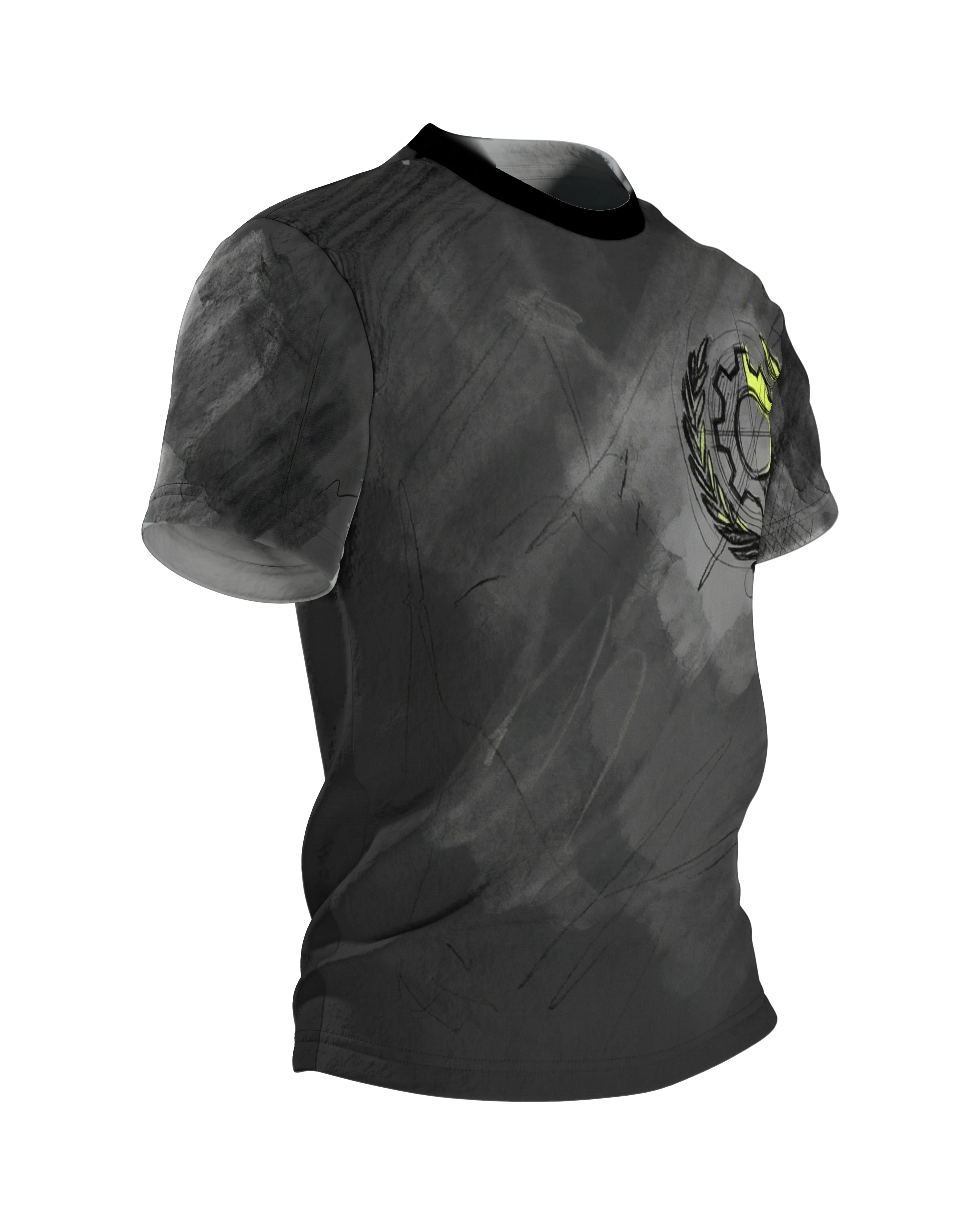 Industrial Blueprint T-Shirt: Zahnrad-Emblem in Kreide und Neon, Seitenansicht links